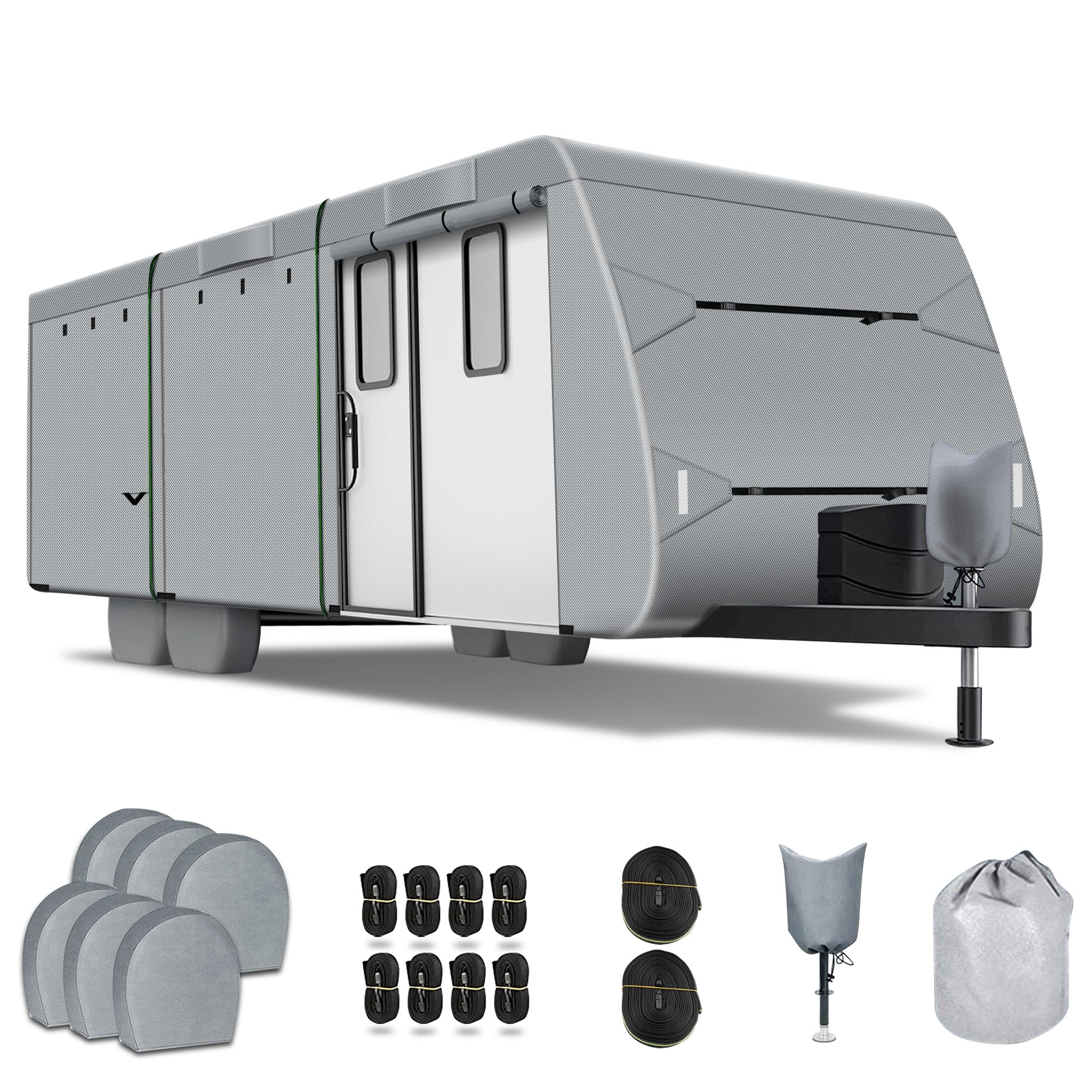 Richeer 300D Heavy-Duty RV Cover for 30'-33' Travel Trailers - Waterproof, Windproof, UV-Resistant Rip-Stop Fabric with Storage Bag, Tire Covers & Reflective Strips - Perfect for Outdoor Camping, Winter Storage & Long-Term Vehicle Protection (Dark Grey)