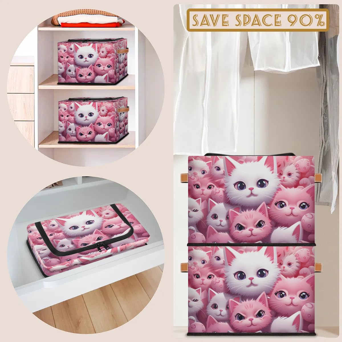 Collapsible Storage Bins with Lids - Cute Kitten Design Stackable Fabric Storage Cubes | Dustproof Closet Organizer for Clothes, Toys, Blankets | Perfect for Bedroom, Nursery, and Home Organization