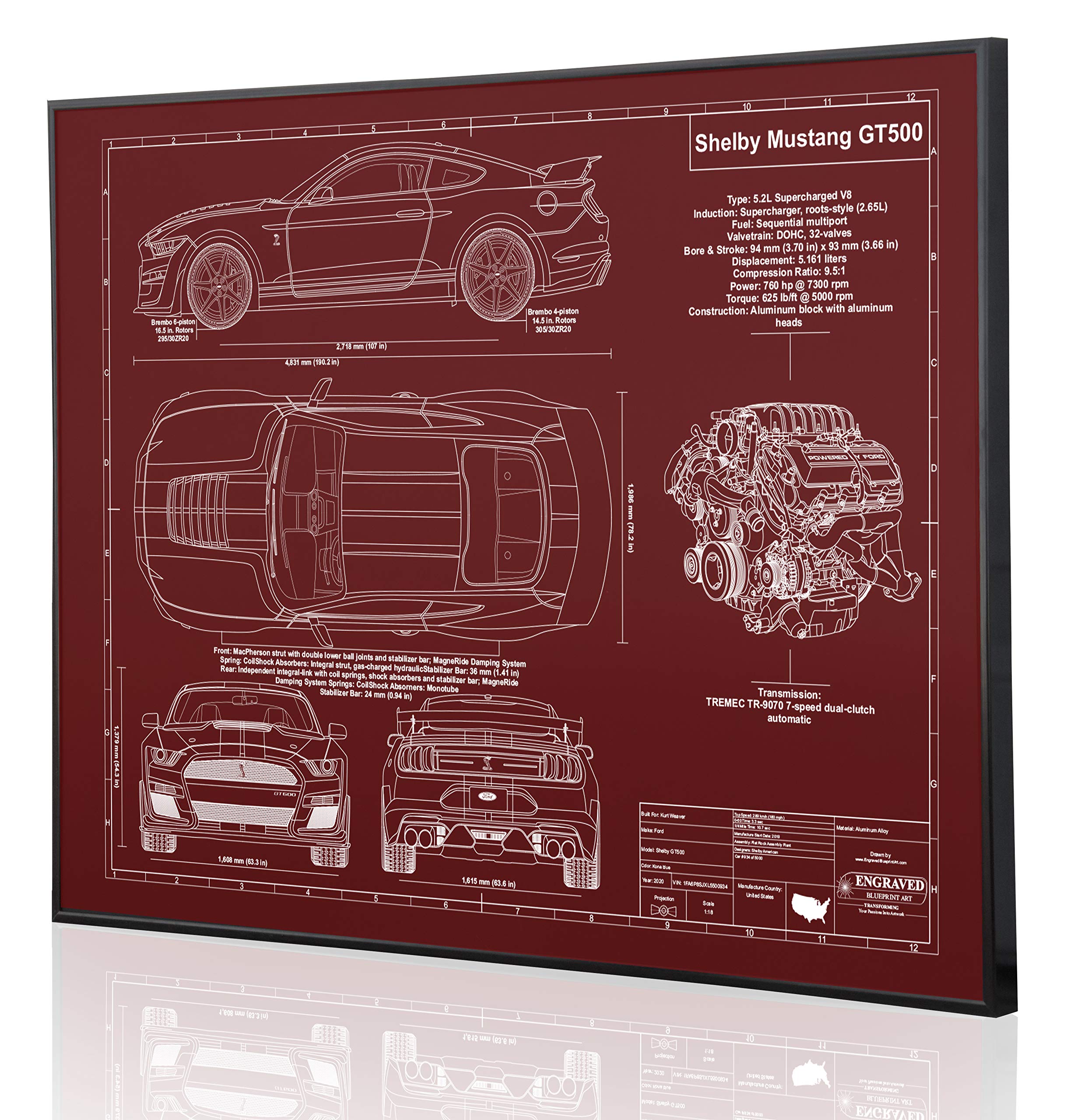 2020 Ford Mustang Shelby GT500 Blueprint Artwork - Laser Engraved & Personalized - Unique Ford Enthusiast Gift for Home, Office, or Man Cave Decor