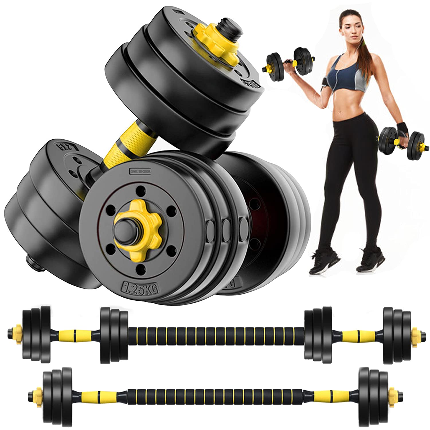 44 LBS Adjustable Dumbbell Set - 2 in 1 Barbell Weight System for Home Gym Workouts | Strength Training Equipment for Men & Women | Perfect for Full-Body Exercises & Small Space Fitness