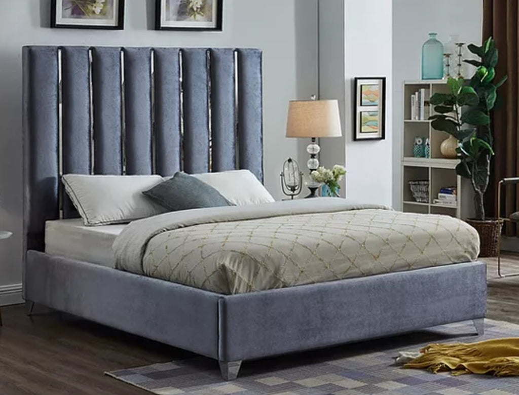 Luxury Grey Vertical Velvet Bed Frame - Queen & King Size Options (Model #5620) | Elegant Upholstered Platform Bed for Modern Bedroom Decor