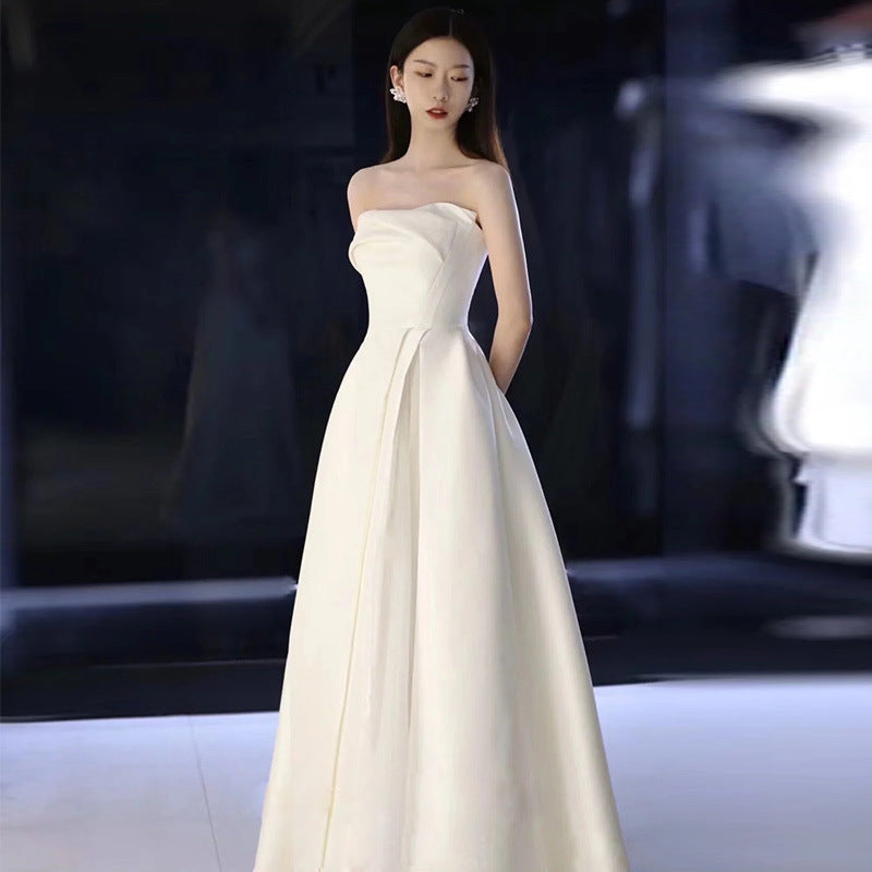 Elegant French Style Strapless Wedding Dress - Satin White Long Prom Gown for Brides & Formal Events - Perfect for Weddings, Proms, and Evening Galas