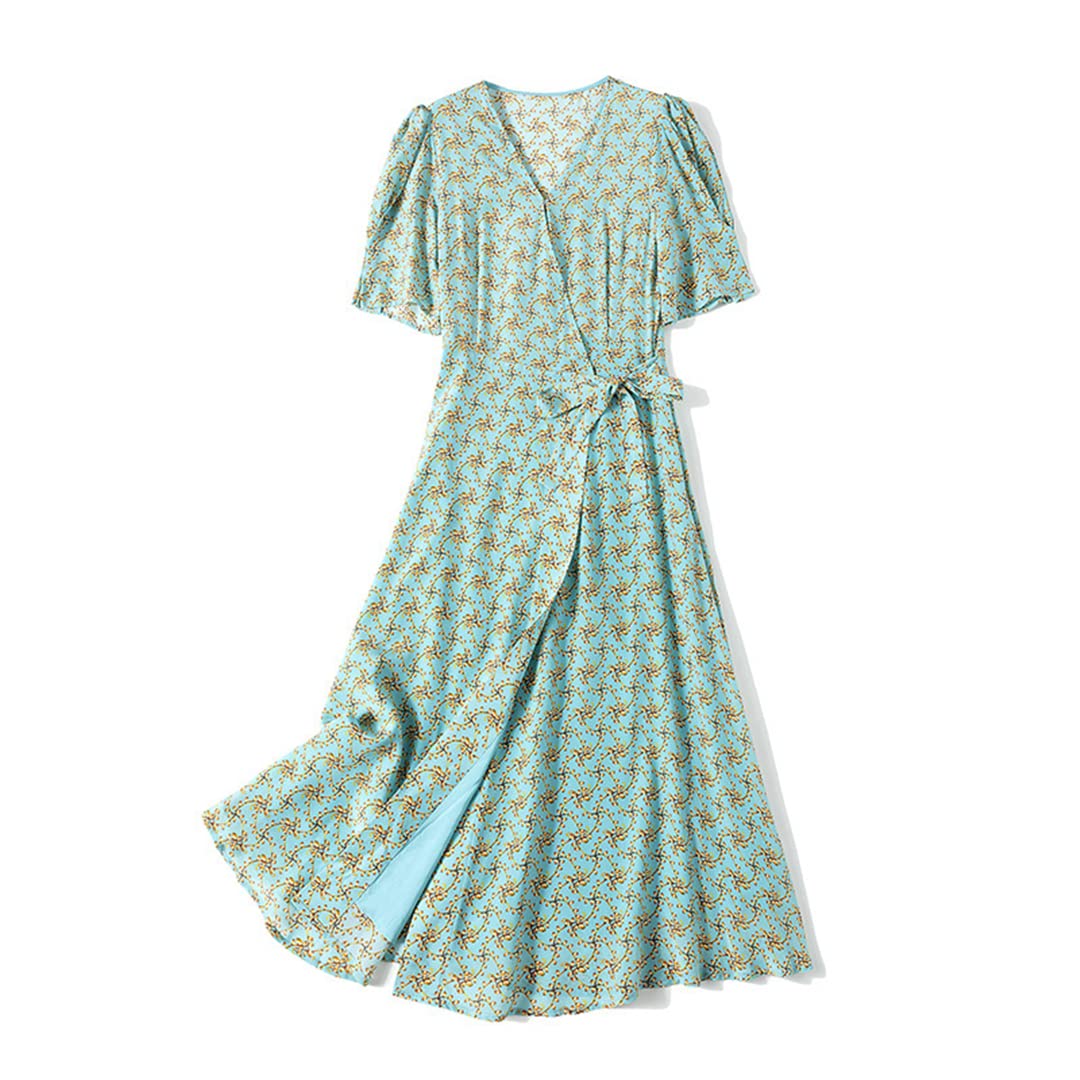 Women's Green Real Silk Summer Dress - Floral Printed Short Sleeve V-Neck Spring Dress | Perfect for Beach Vacations, Garden Parties & Date Nights