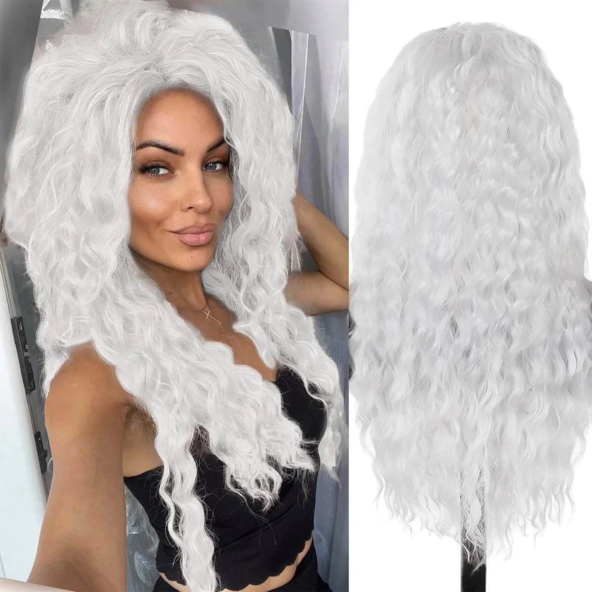 Ash Blonde Synthetic Long Curly Wig for Women - Fluffy Ombre Wave Hairstyle | Perfect for Costume Parties, Carnival, Cosplay & Daily Fashion