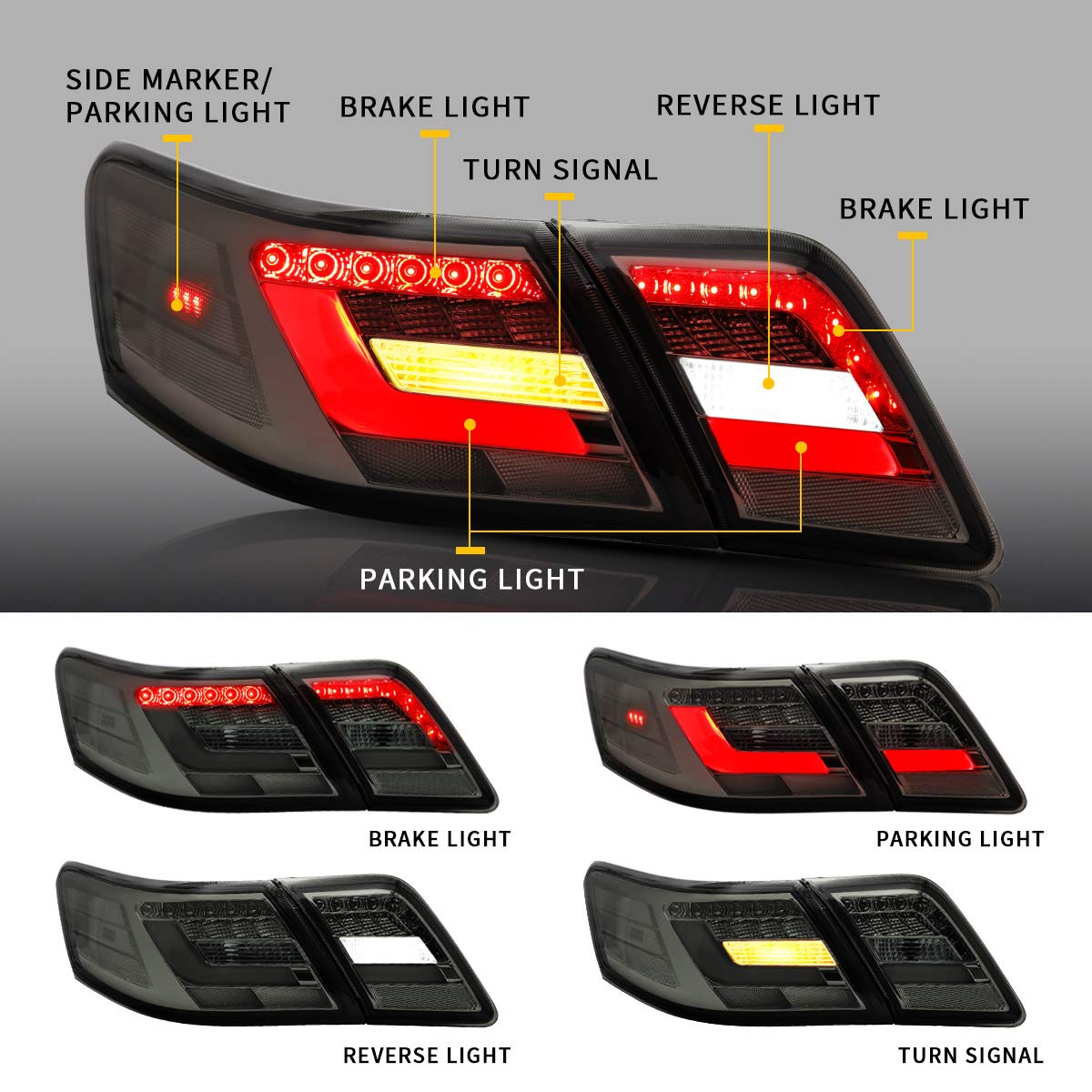 VLAND LED Smoked Tail Lights for Toyota Camry Sedan 2006-2011 (Excludes Hybrid, LE, SE & Factory LED Models) - YAB-KMR-0192 | Enhanced Style & Night Visibility for Custom Car Upgrades