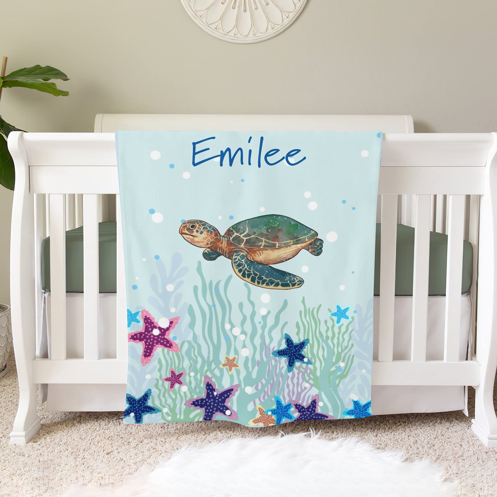 Personalized Baby Fleece Blanket with Custom Name - Super Soft 30x40 Inch Sea Turtle Starfish Design Blanket for Boys & Girls - Perfect Baby Shower, Birthday & Wedding Gift for Newborns (Nursery, Photo Props, Travel Blanket)