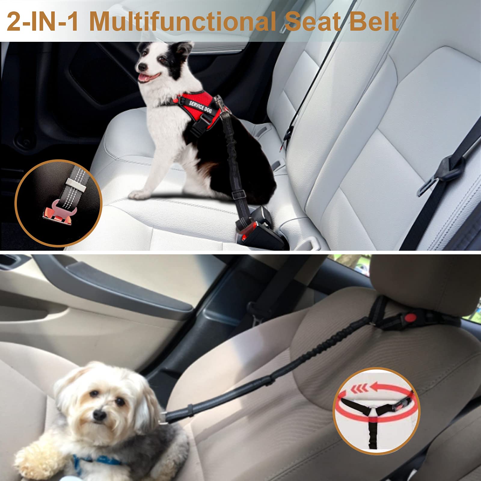 2-in-1 Dog Seat Belt & Headrest Restraint - Adjustable Pet Car Safety Harness with Clip Buckle for Small Medium Large Dogs - Perfect for Road Trips & Daily Commutes with Your Furry Friend