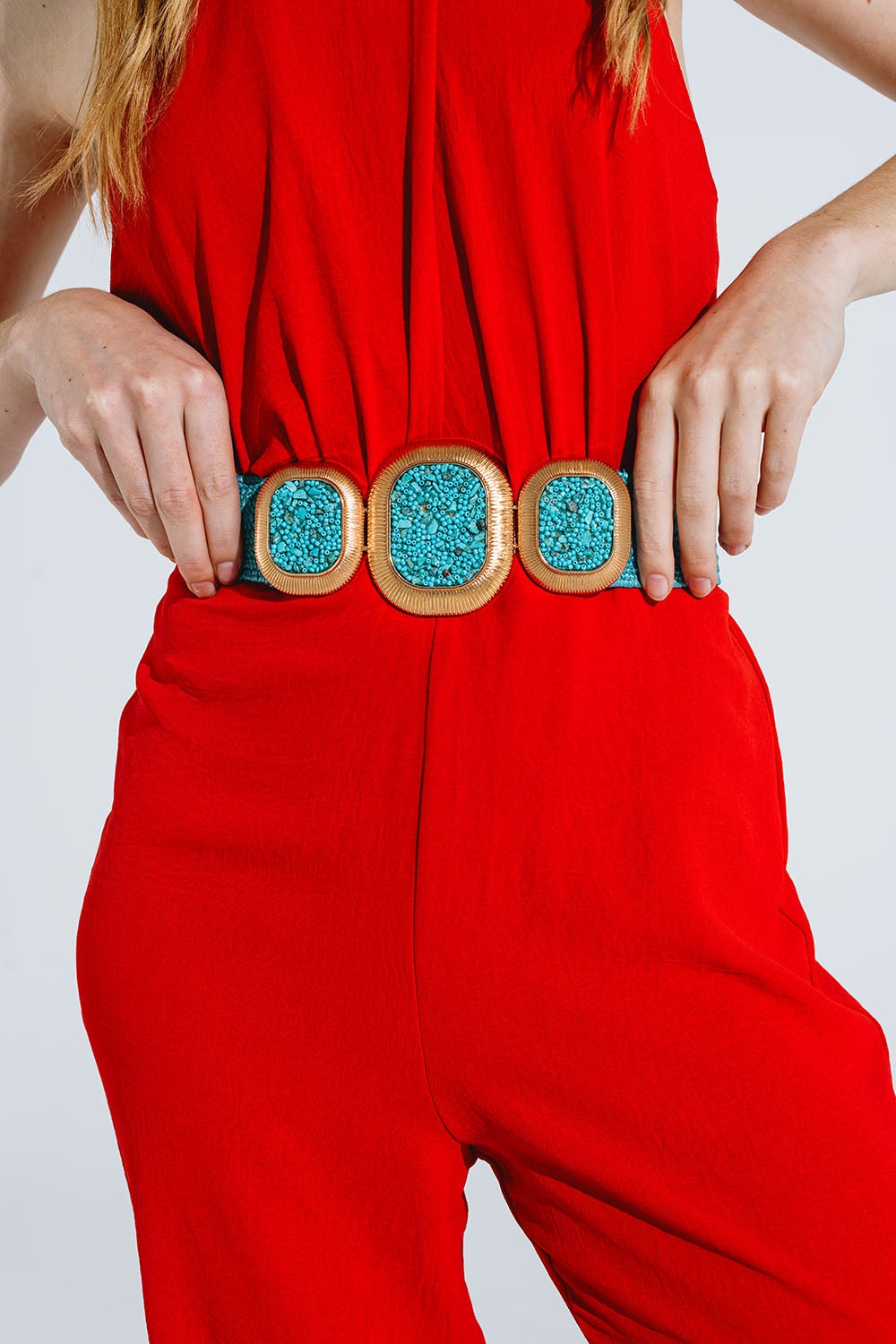 Turquoise Woven Belt with Rectangular Buckle and Beads - Perfect for Boho Fashion, Summer Outfits, and Festival Accessories