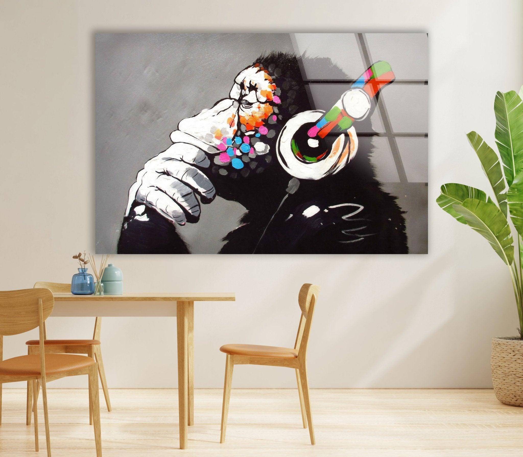 Banksy DJ Monkey Gorilla Thinking Glass Wall Art - Modern Canvas Print for Home & Office Decor - Perfect for Living Room, Bedroom or Studio