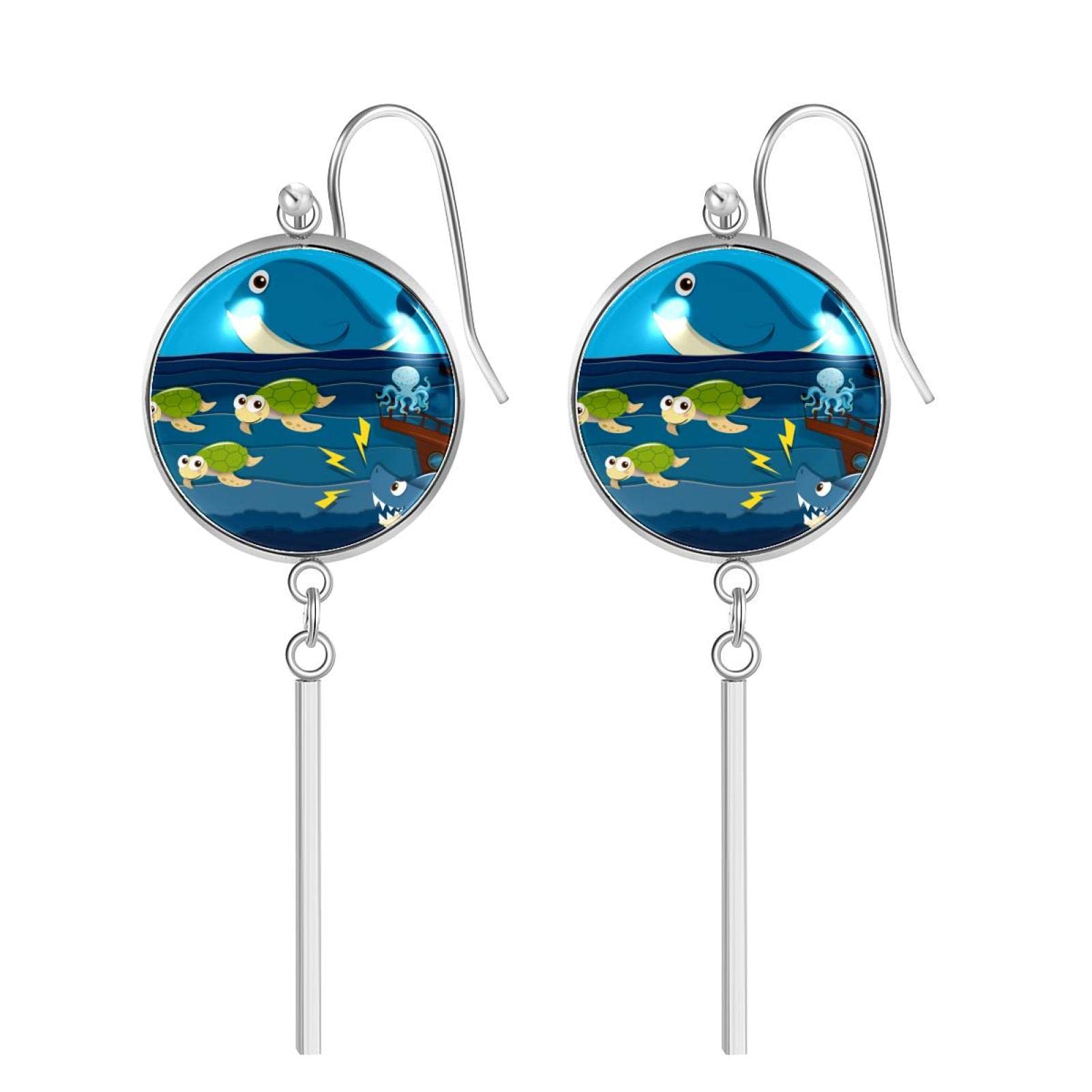 Shark Attack Sea Turtle Whale Octopus Dangle Drop Earrings for Women - Stainless Steel Circle Hoop Earrings with Vertical Bar - Fashion Jewelry Gift for Her - Perfect for Beach Parties, Summer Outfits & Boho Style