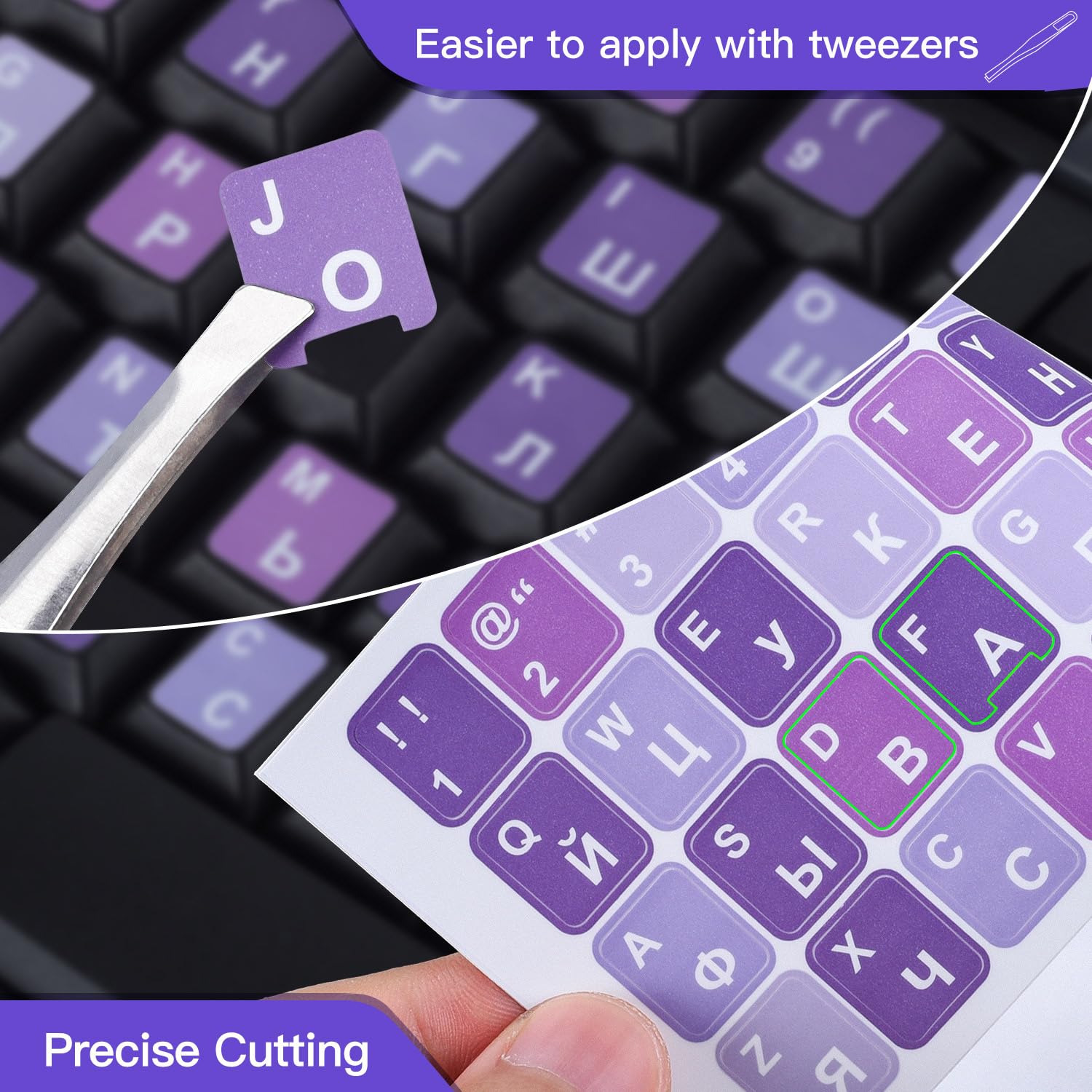2PCS Russian Cyrillic Keyboard Stickers - Purple Background with White Letters for PC, Laptop, Notebook & Desktop Computers | Easy Installation, Durable Vinyl | Perfect for Typing in Russian, Language Learning & Multilingual Work