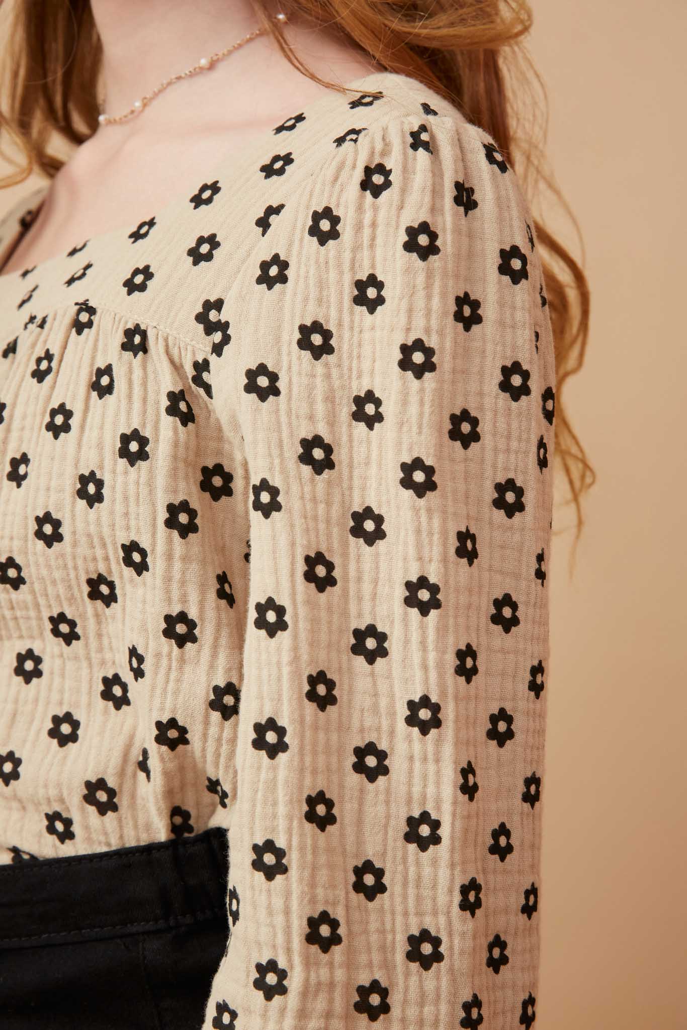 Floral Print Textured Square Neck Top for Women - Elegant Summer Blouse for Casual Outings, Dates & Office Wear