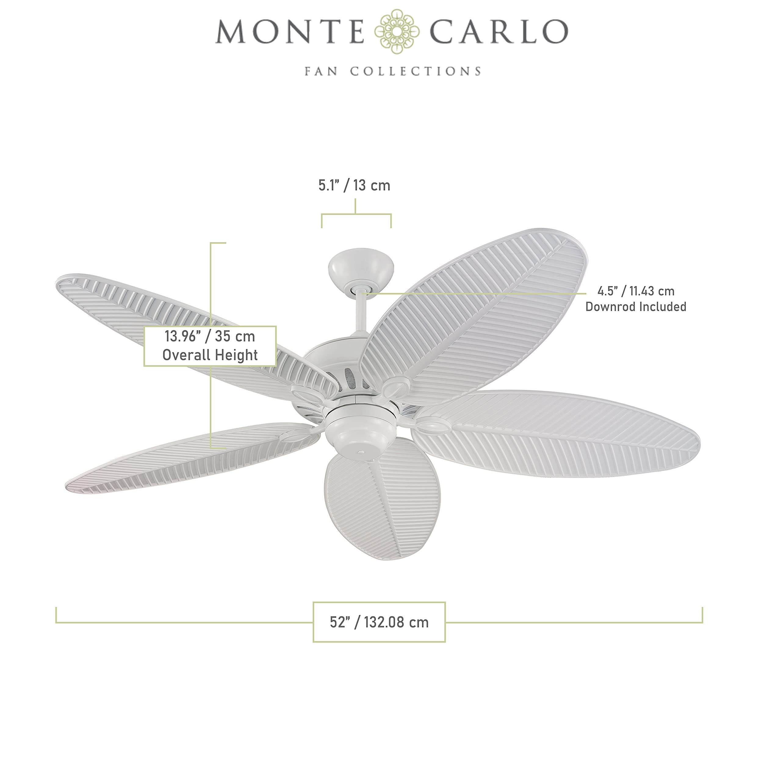Monte Carlo 5CU52WH 52-Inch Tropical Outdoor Ceiling Fan with Pull Chain - 5 ABS Palm Leaf Blades, White Finish - Perfect for Patio, Porch, and Poolside Areas