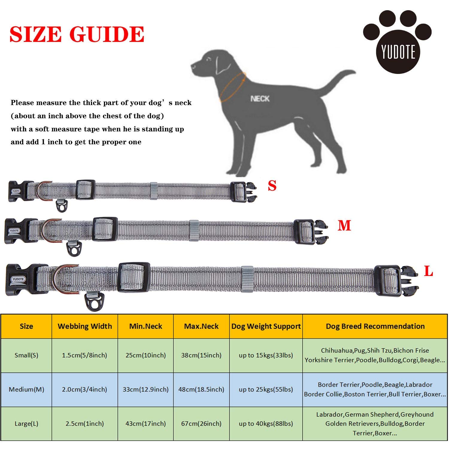 Reflective Nylon Dog Collar with Breathable Neoprene Padding - Adjustable Small Dog Collar (9.8