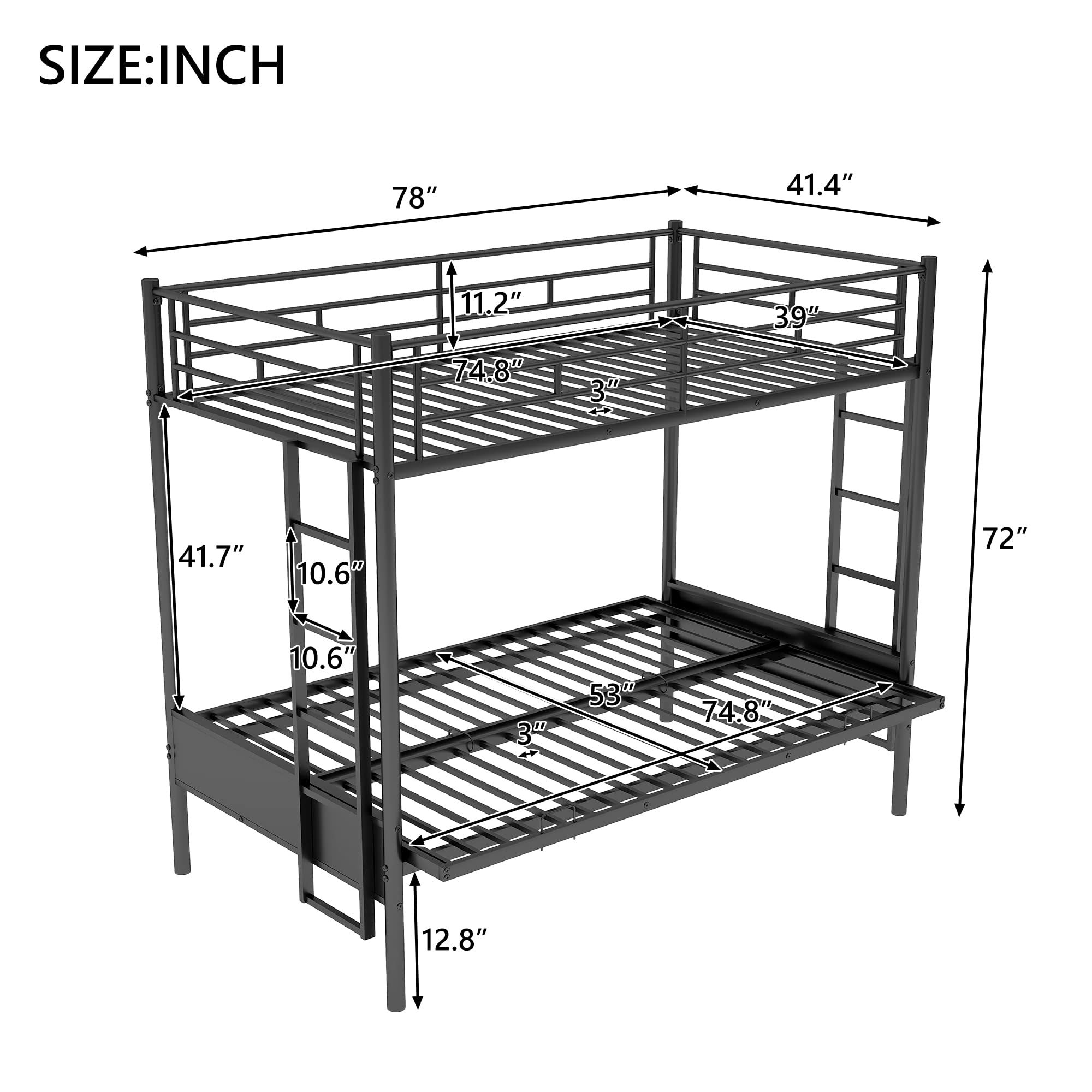 Twin Over Futon Metal Bunk Bed with Convertible Bottom - Twin Over Full Bunk Bed for Kids, Teens & Adults - Space-Saving Dorm Furniture in Black | Perfect for Small Bedrooms, Guest Rooms & College Dorms