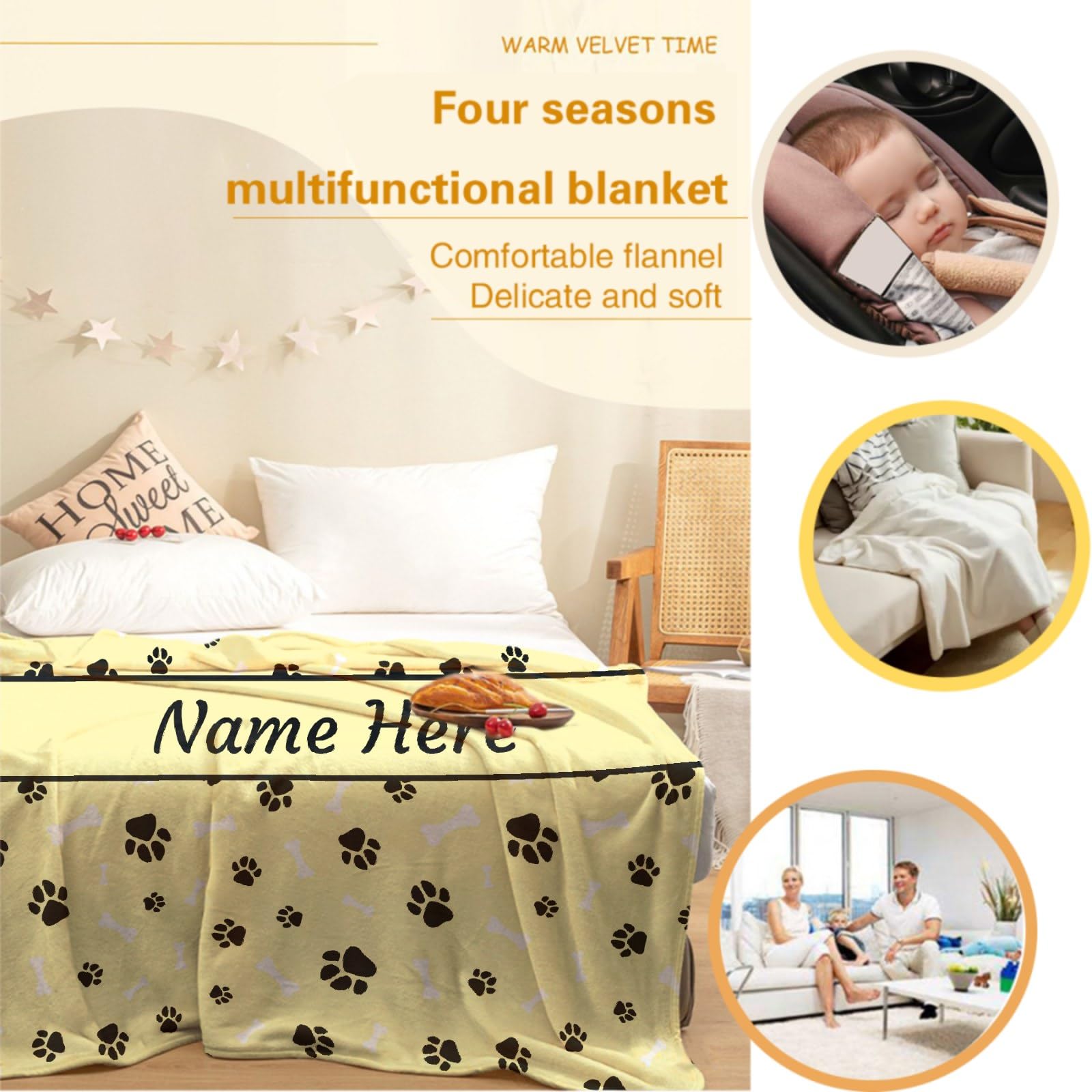**Personalized Dog Blanket - Custom Name Fleece Throw Blanket for Pets - Soft Cozy Gift for Dog Lovers, Mom & Dad - Cute Paws & Bones Design - Perfect for Bed, Sofa, Couch & Travel**    *(Example Use: Keep your furry friend warm at home, in the car, or while camping with this adorable personalized pet blanket!)*