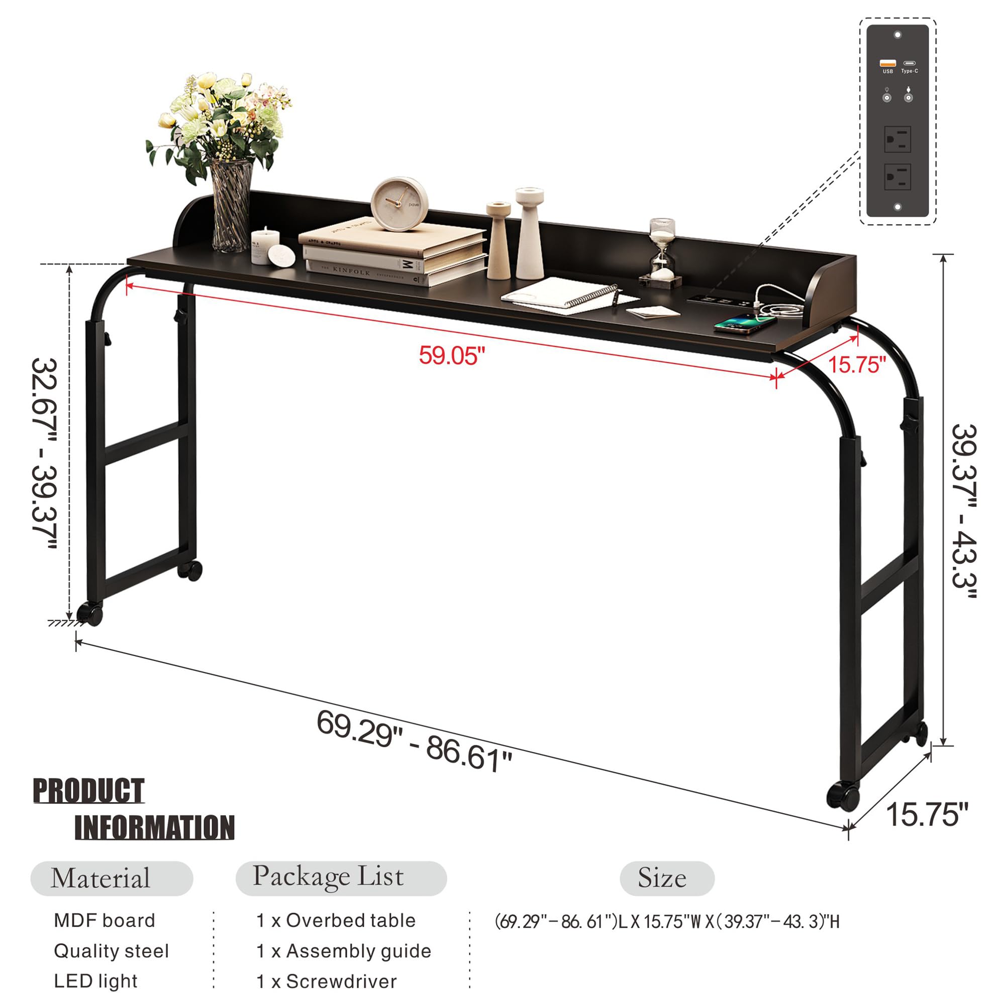 Auto-Sensor LED Over Bed Desk with Wheels - Adjustable Height Rolling Tray Table with Charging Station - Side Table for Laptop, Writing & Living Room Use - Perfect for Home Office, Bedroom & Small Spaces (Black)