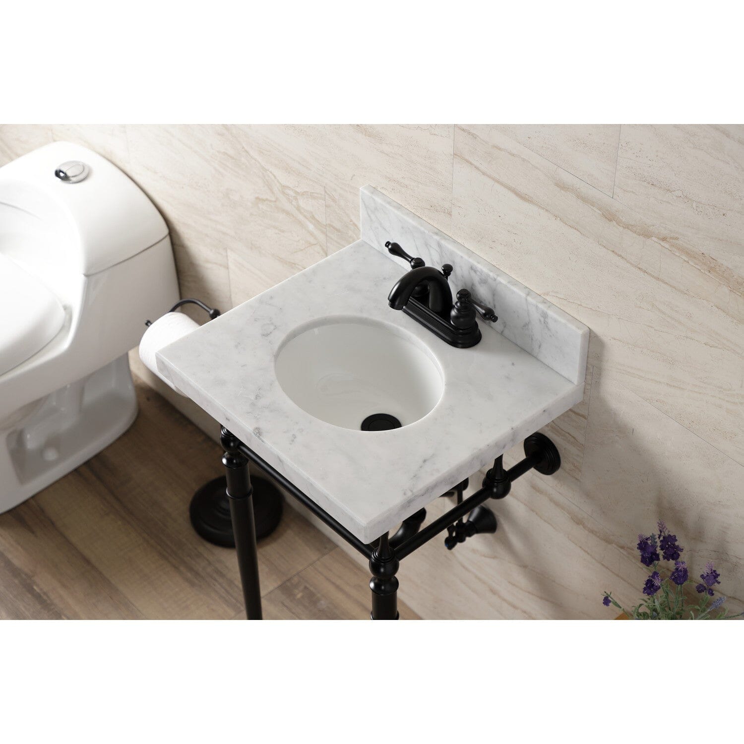 19 Inch Edwardian Style Carrara Marble Console Bathroom Sink with Brass Legs - 4 Inch Depth, 3 Hole Faucet Mount for Powder Rooms & Luxury Bathrooms