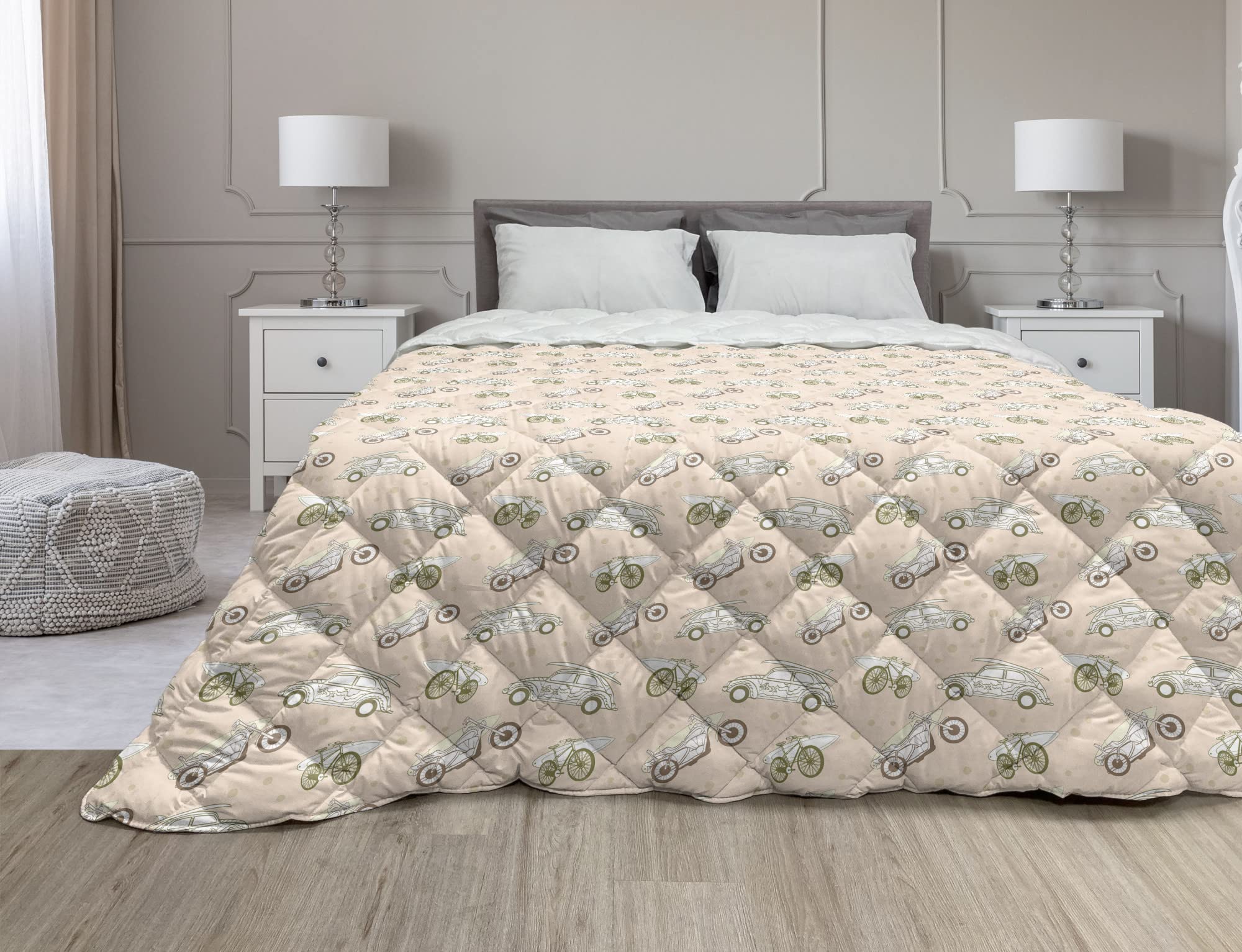 Ambesonne Surfboard Down Alternative Comforter - Twin Size Microfiber Quilt for All Seasons in Peach, Brown & Olive Green - Perfect for Beach House, Dorm Room or Coastal Themed Bedroom Decor