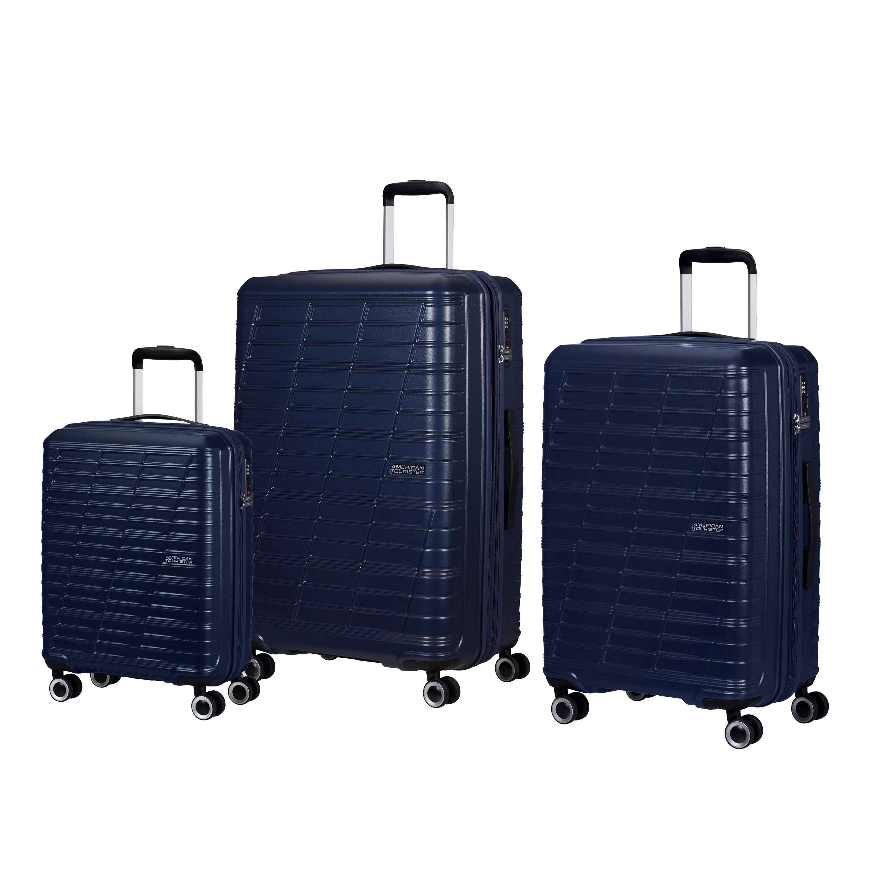 American Tourister Surftime Spinner 3-Piece Luggage Set - Lightweight Expandable Suitcase with 360° Wheels for Travel, Vacation & Business Trips (Black/Blue) - Perfect for Airplane Carry-On & Checked Baggage