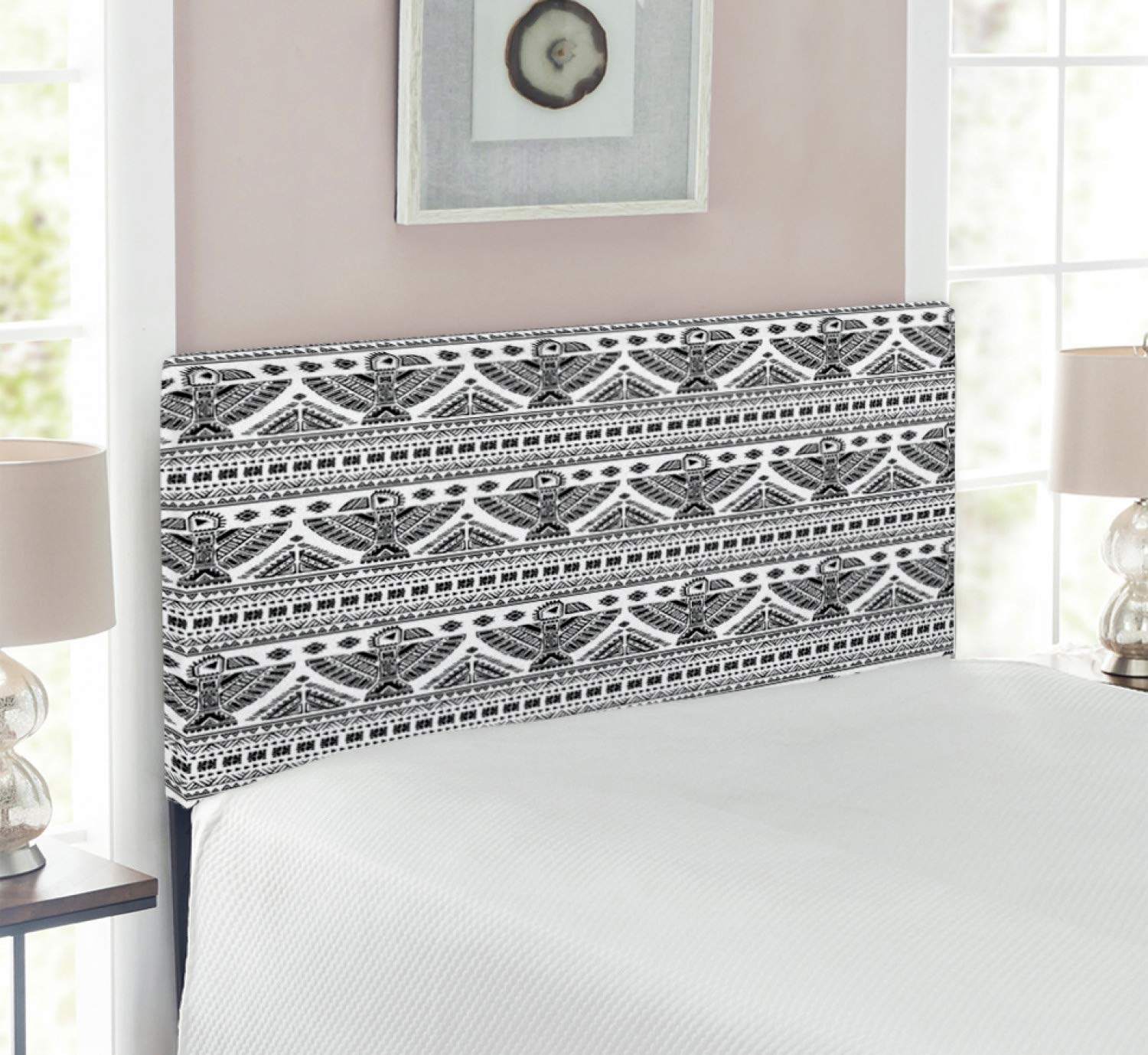 Ambesonne Twin Size Upholstered Headboard - Black & White Prehistoric Art with Eagle Design, Memory Foam Padding, Decorative Metal Bed Frame Headboard | Perfect for Bedroom Decor, Guest Rooms & Bohemian Style Interiors
