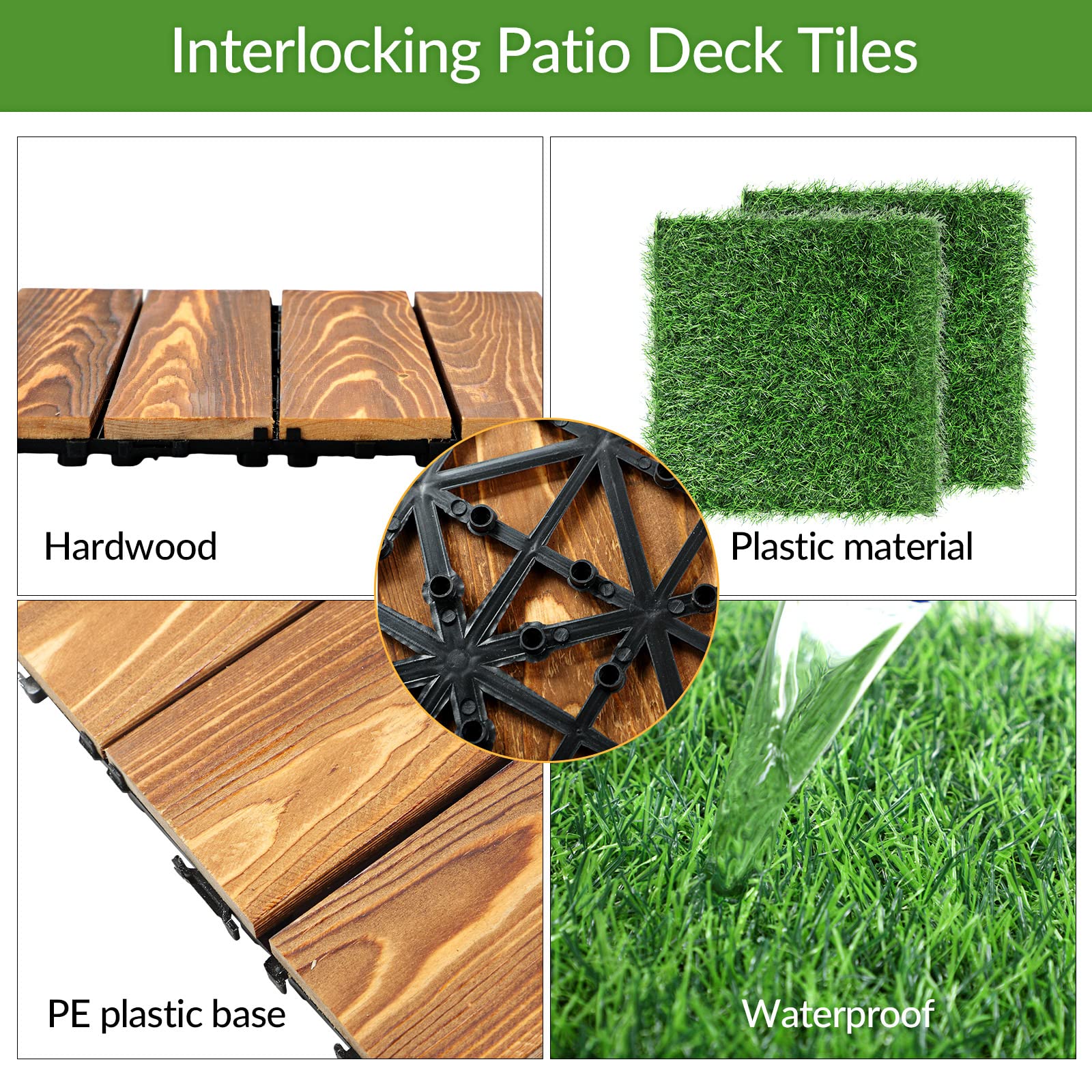 24-Piece Interlocking Hardwood Deck Tiles with Artificial Grass - 12x12 Inch Waterproof Outdoor Flooring for Patio, Balcony & Garden - Self-Draining Wood & Turf Tiles for DIY Landscaping Projects