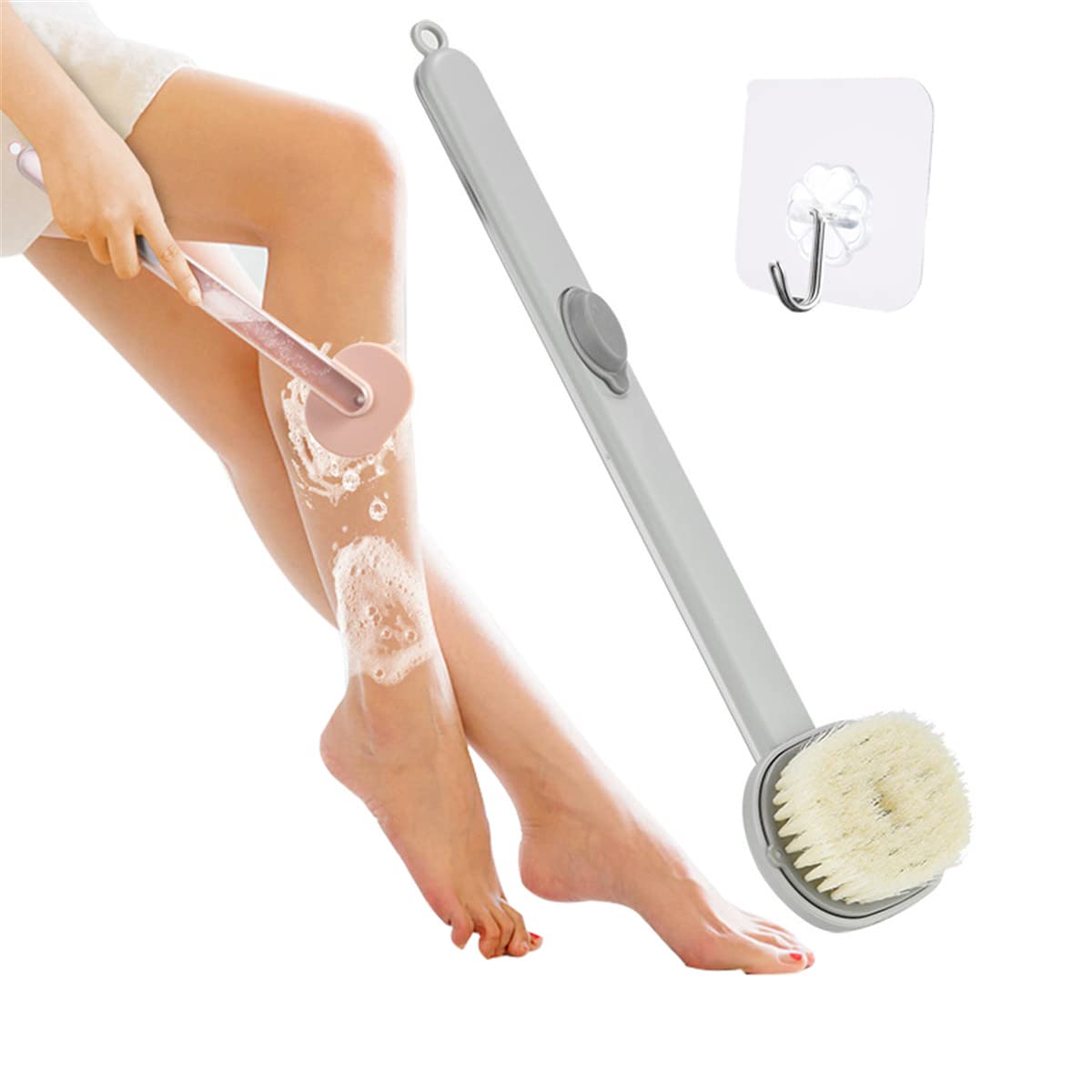 Long Handle Liquid Bath Brush with Natural Bristles - Detachable Back Scrubber for Exfoliating & Cleansing - Gray Shower Brush for Deep Cleaning & Skin Care (Perfect for Hard-to-Reach Areas & Spa-Like Experience at Home)