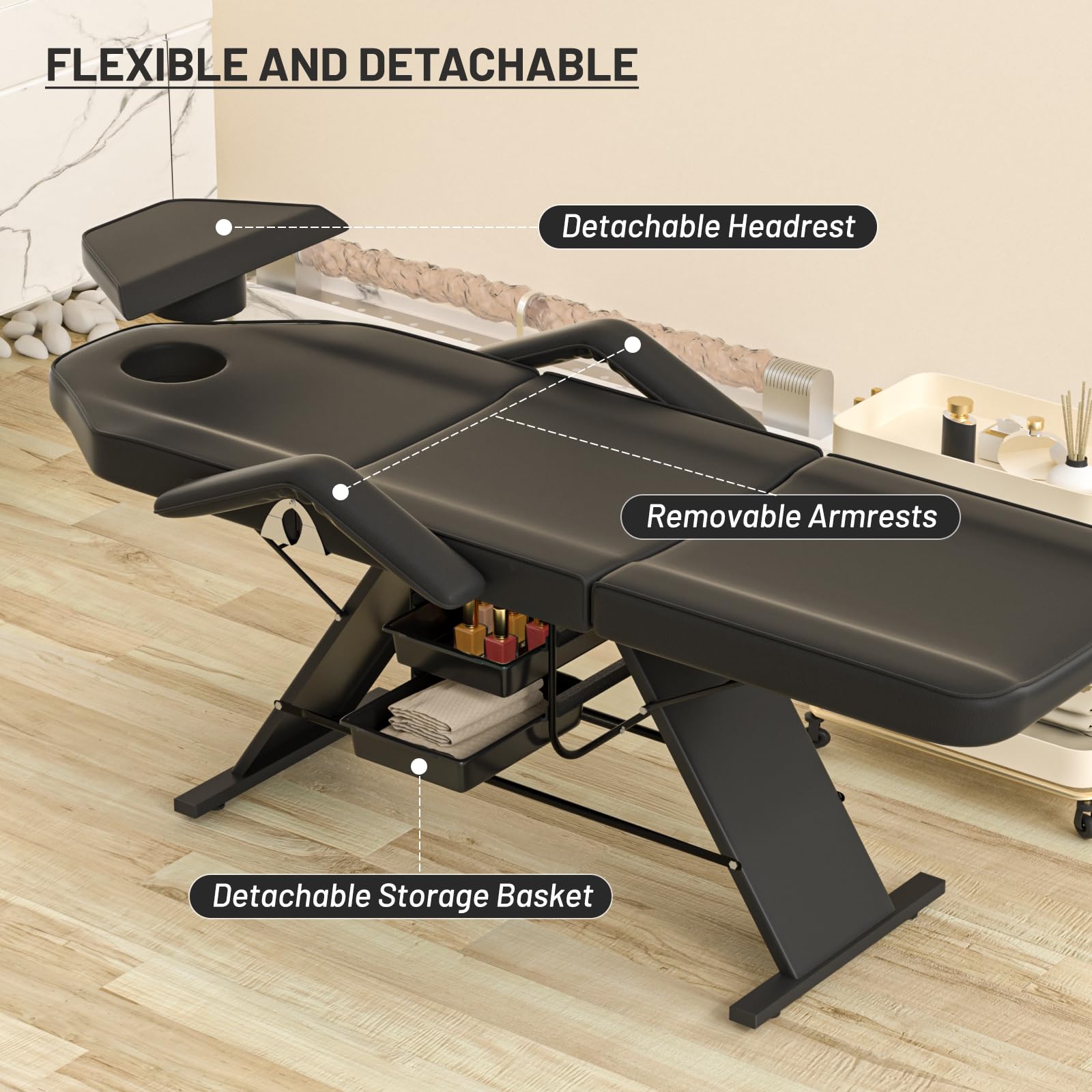 Professional Esthetician Bed & Tattoo Chair - Heavy Duty 440 lbs Capacity Facial, Lash & Spa Treatment Chair with 2 Storage Racks | Multi-Purpose Beauty Salon Furniture for Tattoo Artists, Estheticians & Cosmetologists | Perfect for Tattoo Studios, Beauty Salons & Spa Centers (Black, 10