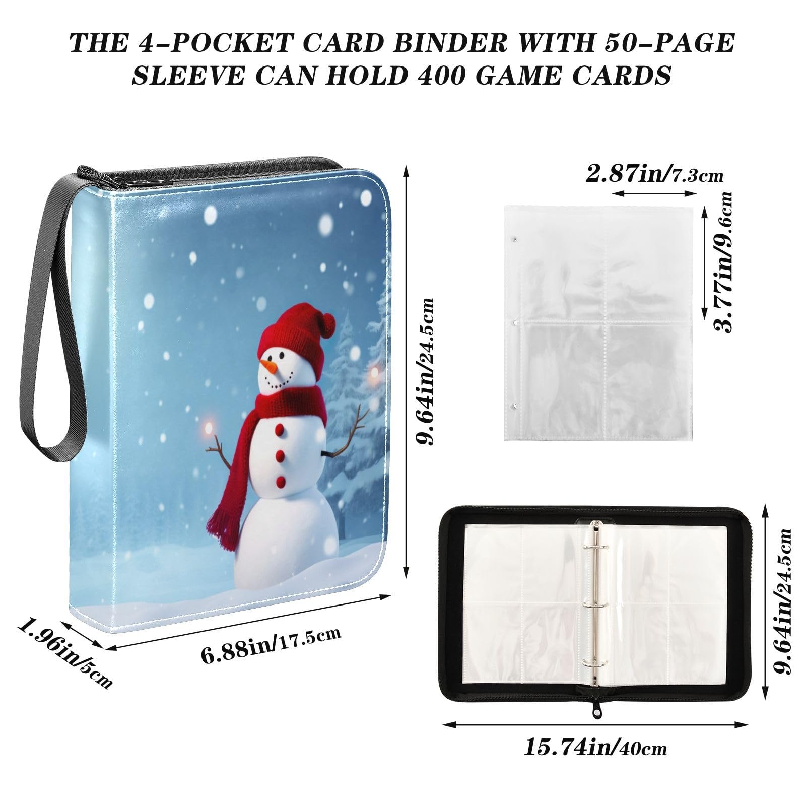 Snowman Christmas Card Binder - 4 Pocket Trading Card Holder with 50 Sleeves, Holds 400 Cards, 3-Ring Zip Album for Collectors | Perfect for Holiday Gifts, Card Trading & Storage