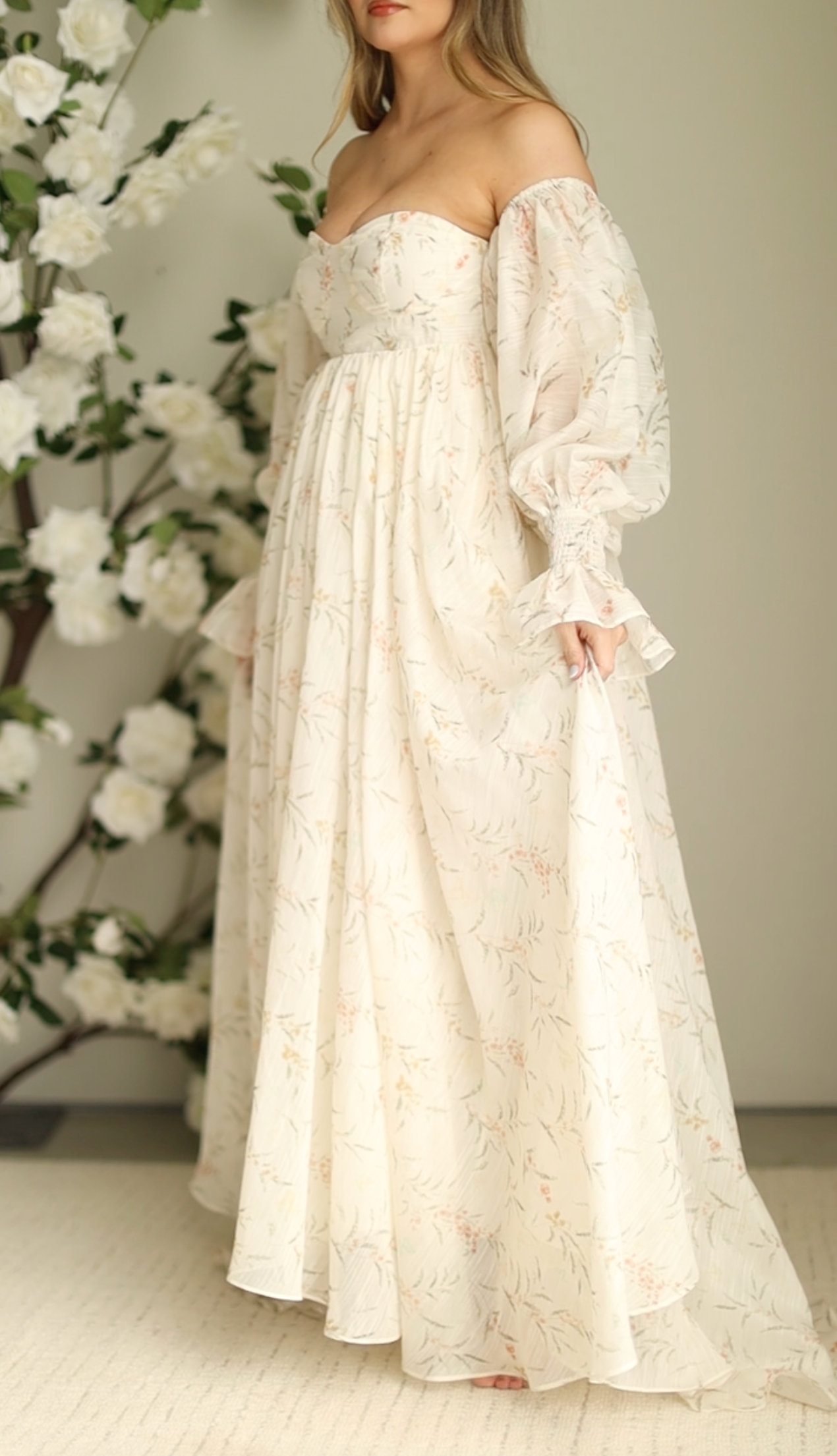 Delilah Cream Floral Maternity Dress with Train - Bump Friendly Wedding Guest Dress for Baby Showers & Special Occasions