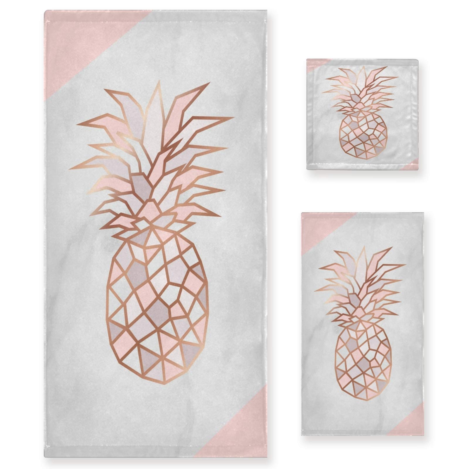 ALAZA 3-Piece Luxury Bath Towel Set - Rose Gold Pineapple Design on Pink & White Marble, Includes 1 Bath Towel, 1 Hand Towel & 1 Washcloth | Ultra Soft, Highly Absorbent & Quick Drying | Perfect for Spa, Bathroom & Guest Room Decor