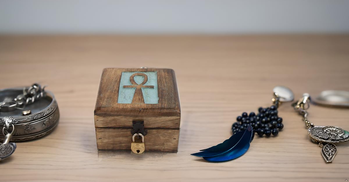 Handmade Wooden Jewelry Box with Ankh Carving - 4x4 Inch Blue Jewelry Organizer, Keepsake & Watch Storage Box - Perfect for Housewarming Gifts, Travel & Home Decor