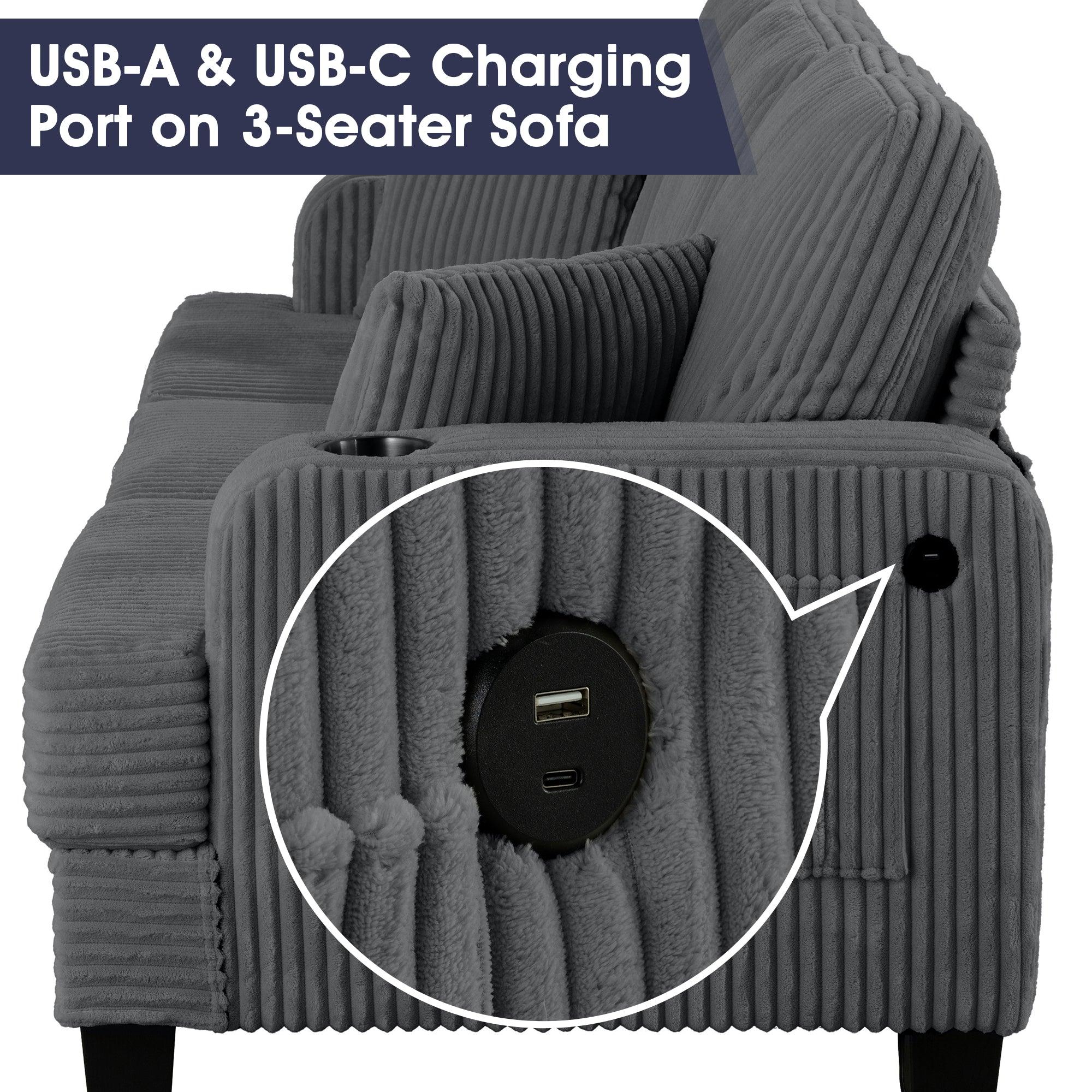 Dark Gray 3-Piece Sectional Sofa Set with Storage Ottoman - 3-Seater Couch & Loveseat with USB Charging Ports, Side Pockets & Throw Pillows - Modern Living Room Furniture for Small Spaces & Apartments - Perfect for Family Gatherings, Movie Nights & Home Office Lounging