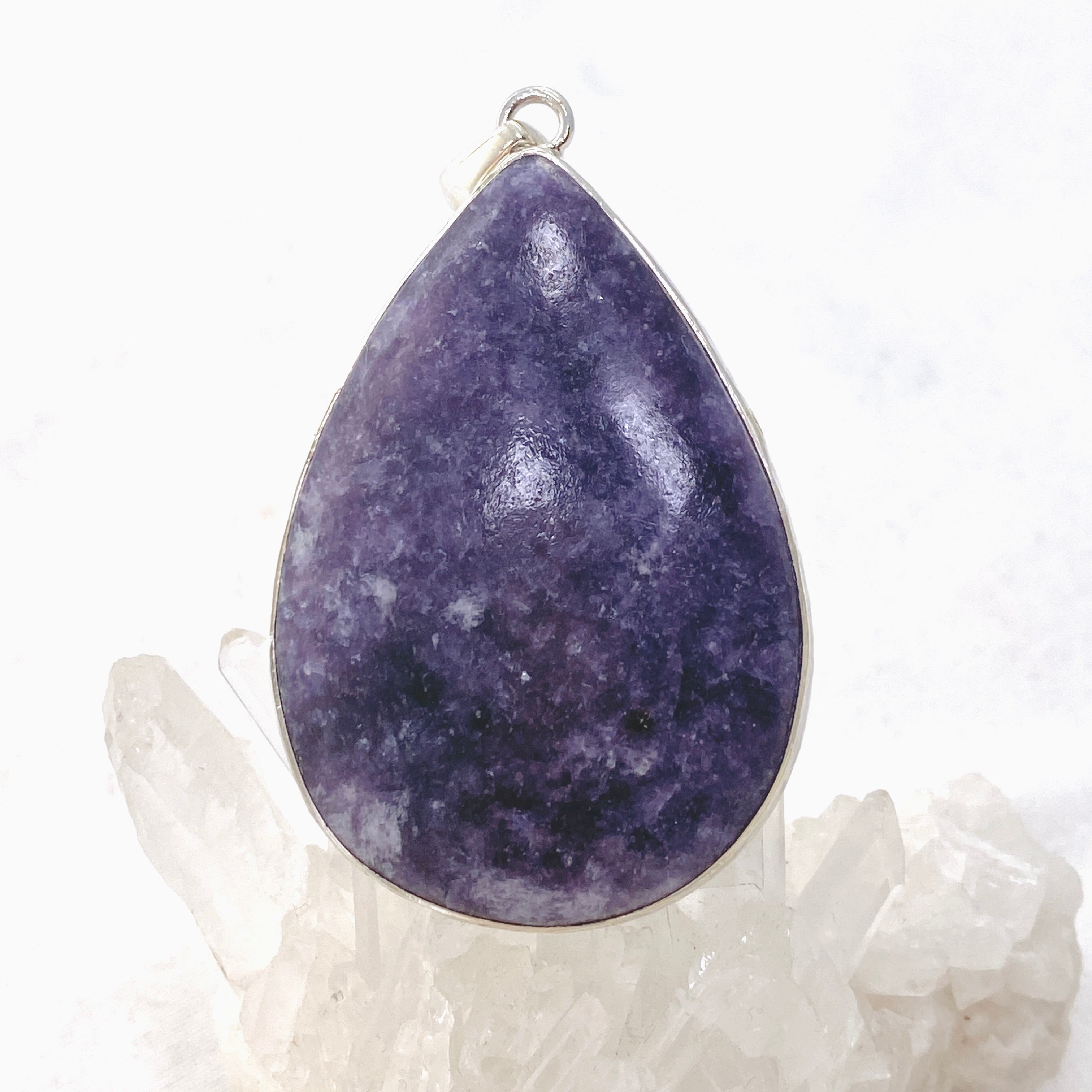Lepidolite Teardrop Cabochon Pendant in Hammered Sterling Silver Setting KPGJ4609 - Healing Crystal Jewelry for Stress Relief & Meditation