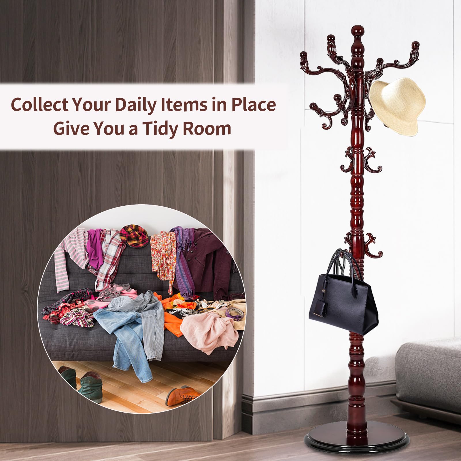 Premium Wooden Freestanding Coat Rack with 14 Hooks & Stable Disc Base - Black Red Tree Stand for Jackets, Hats, Scarves - Perfect for Home, Office & Entryway Organization