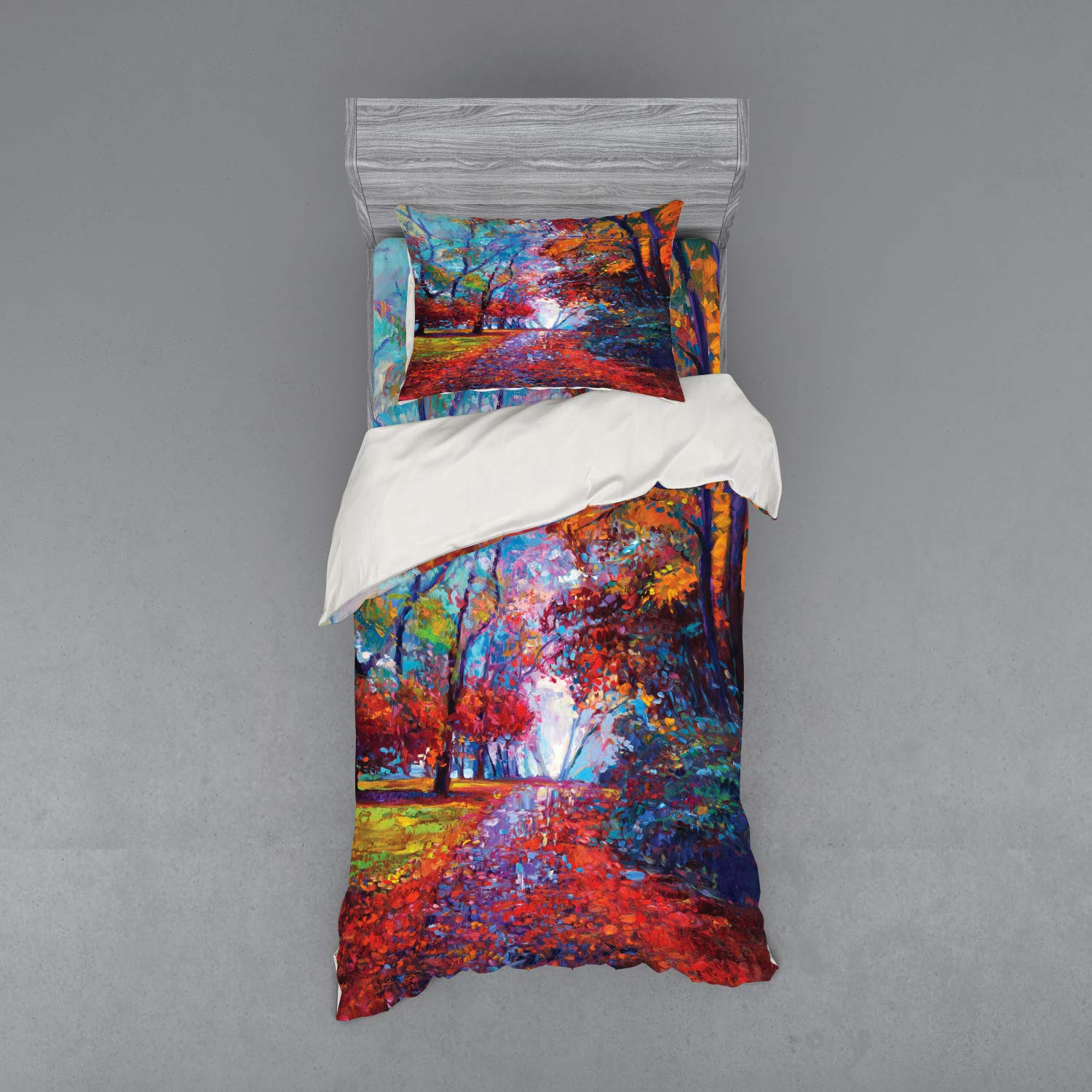 Ambesonne Country Duvet Cover Set - Fall Park Landscape Oil Painting Print, 3-Piece Twin XL Bedding Set with Sham & Fitted Sheet, Multicolor - Perfect for Autumn Themed Bedrooms & Cozy Seasonal Decor