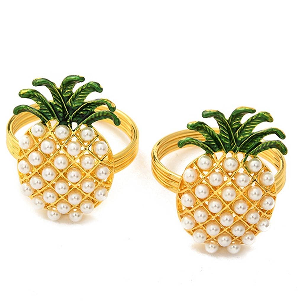 LLLY 6-Piece Pineapple Shaped Pearl Beaded Napkin Rings Set - Shining Gold & Silver Metal Napkin Holders for Wedding, Christening, Party Decor & Table Setting