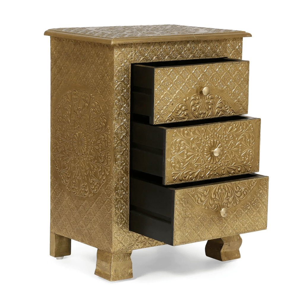Handmade Embossed Three-Drawer Nightstand - Antique Brass or Silver Finish Bedside Table | Perfect for Bedroom, Guest Room, or Nursery Storage