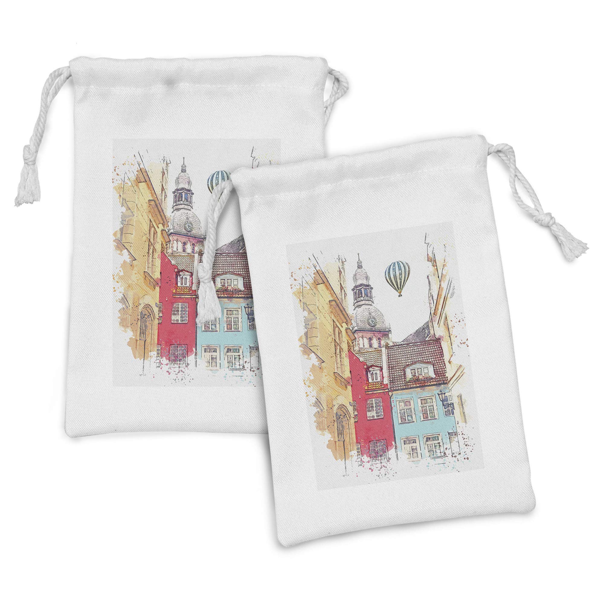 Ambesonne Watercolor Fabric Pouch Set of 2 - Riga Latvia Architecture Art Drawstring Bags for Travel, Toiletries & Gifts (9
