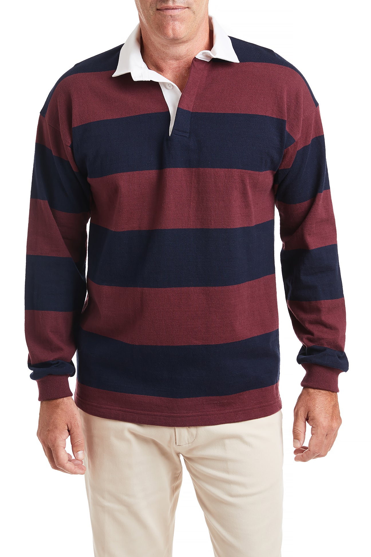 Castaway Rugby Shirt - Navy & Burgundy Stripe Vintage Style Men's Long Sleeve Polo - Perfect for Casual Wear, Sports & Outdoor Activities