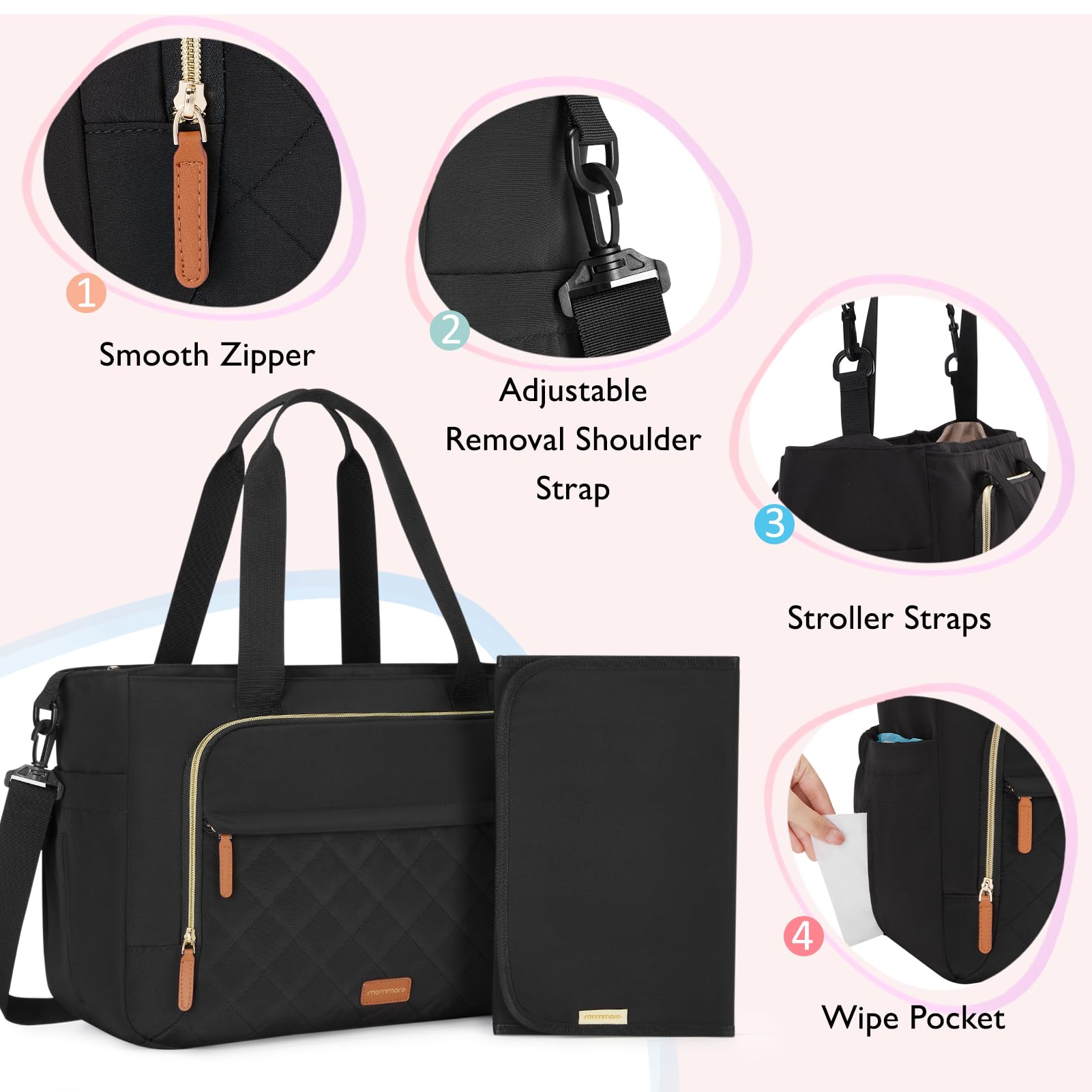 Mommore Small Lightweight Diaper Bag Tote with Insulated Pockets & Stroller Straps - Perfect for Nursing, Gym, Travel & Everyday Use as Baby Essentials Organizer
