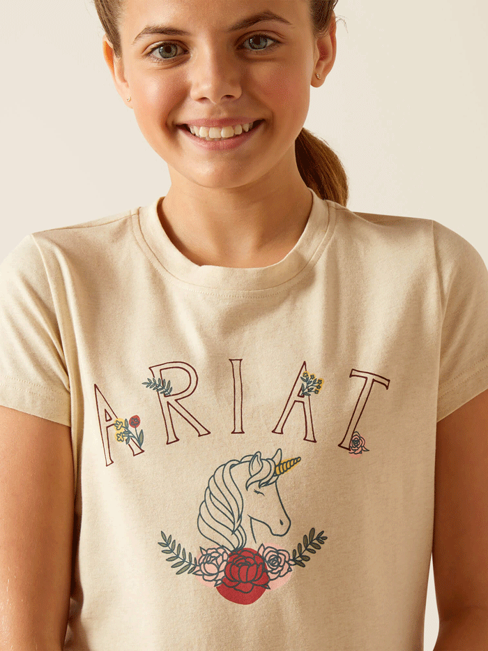 Ariat Kids Unicorn Insignia T-Shirt - Oatmeal Heather Cotton Tee for Girls | Perfect for Playdates, Birthday Parties & Casual Wear