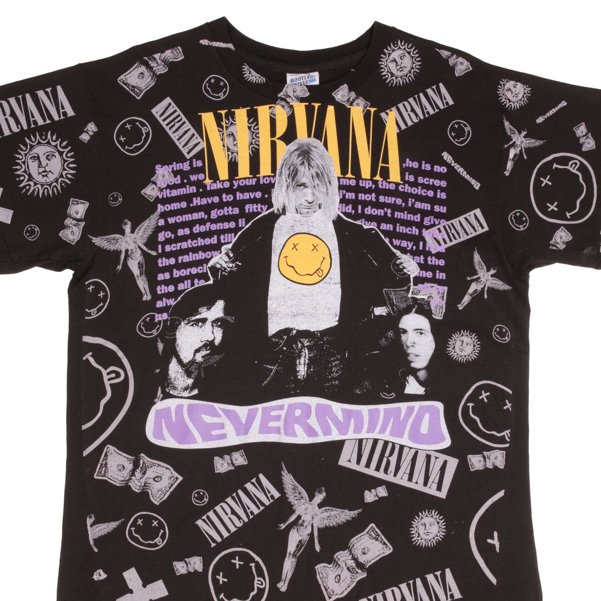 Nirvana Nevermind Kurt Cobain Bootleg All Over Print Tee Shirt - XL Single Stitch Vintage Style for Concerts & Casual Wear