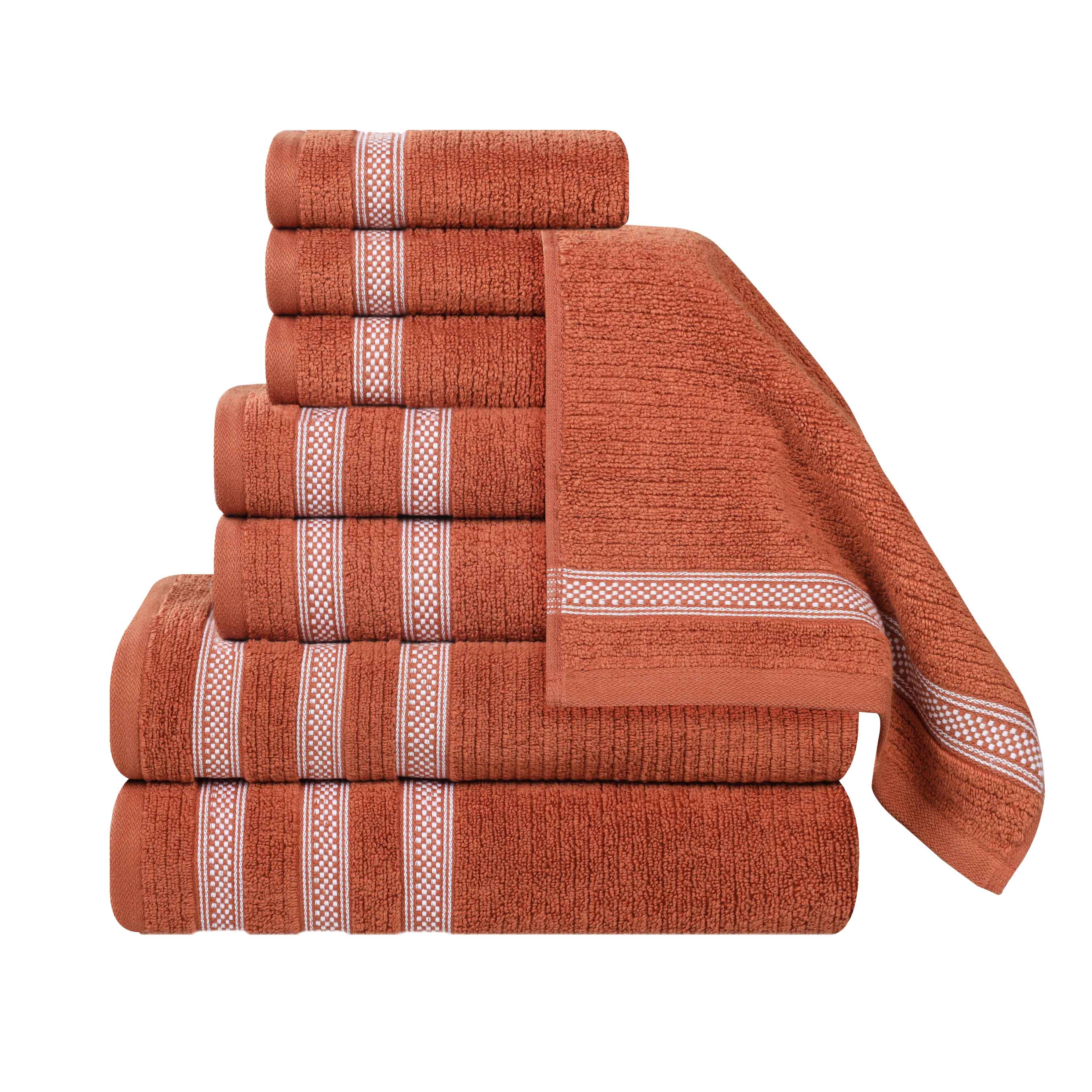 Premium Zero Twist Cotton Ribbed Geometric Border 8-Piece Towel Set - Ultra Soft & Absorbent Bath Towels for Spa, Gym, and Luxury Home Use