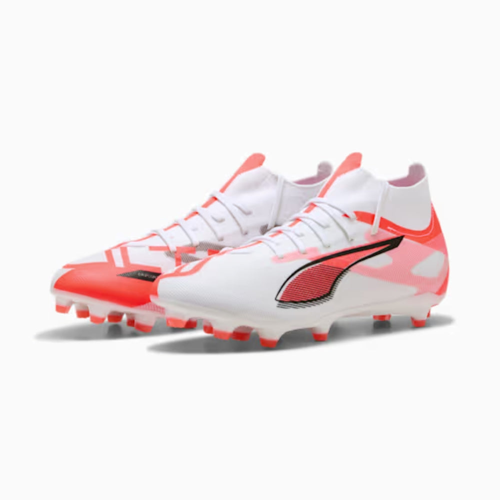 Puma Ultra 5 Match+ FG/AG Soccer Cleats for Men - White/Black/Glowing Red - Lightweight Football Boots for Artificial Grass & Firm Ground - Perfect for Match Play & Training Sessions