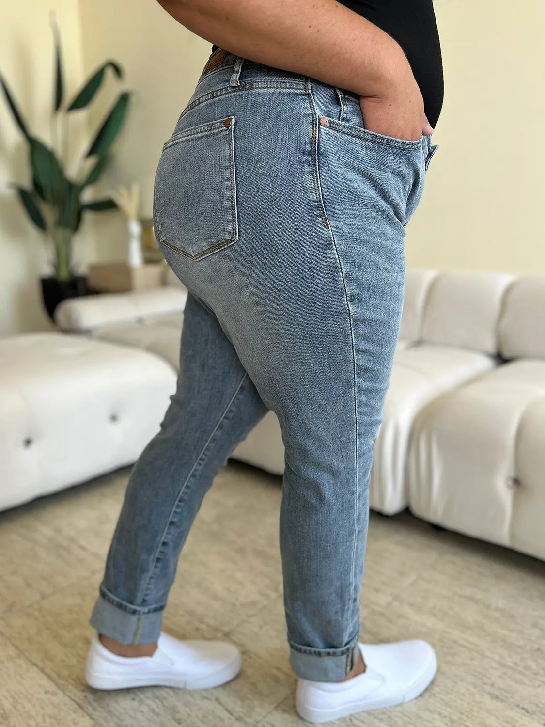 Judy Blue Women's High Waist Skinny Jeans - Stretch Denim Pants with Cuff Hem for Casual Wear & Everyday Outfits