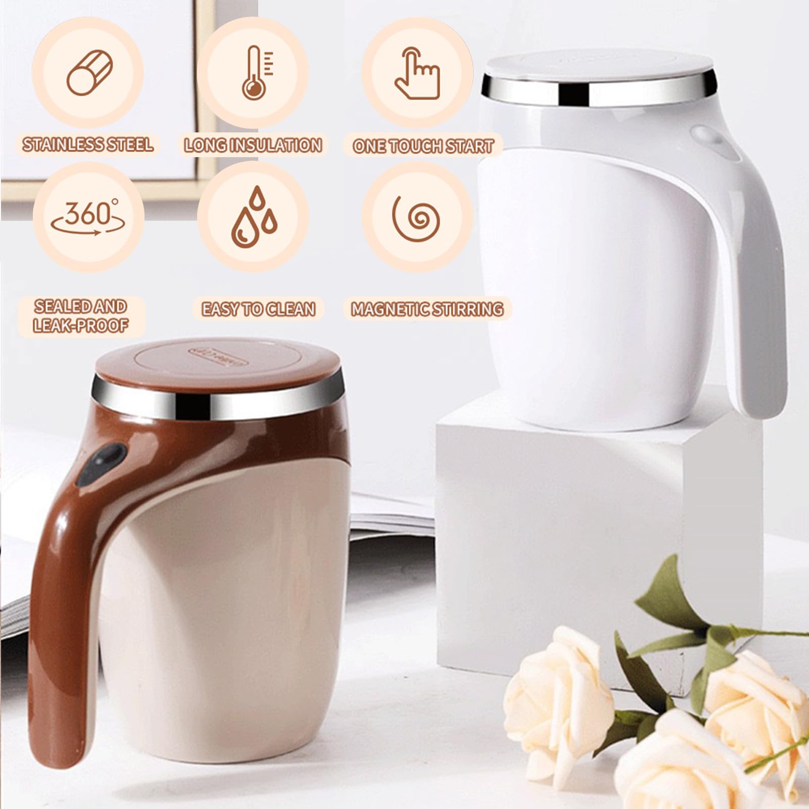 2 Pack Self Stirring Coffee Mug 380ml with Lid - for Office, Home & Travel