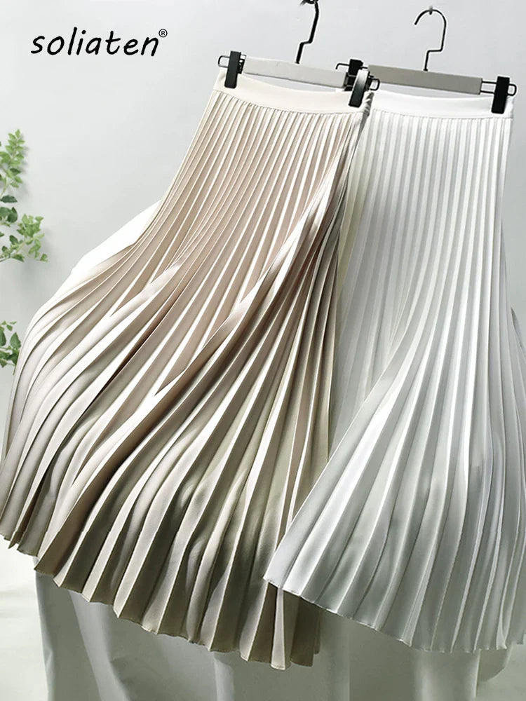 Brand Designer Women's High Waist Pleated Skirt - Elegant Solid Color A-Line Skirt with Elastic Waistband for Spring & Autumn | Office Wear, Party Outfits, Casual Chic Fashion