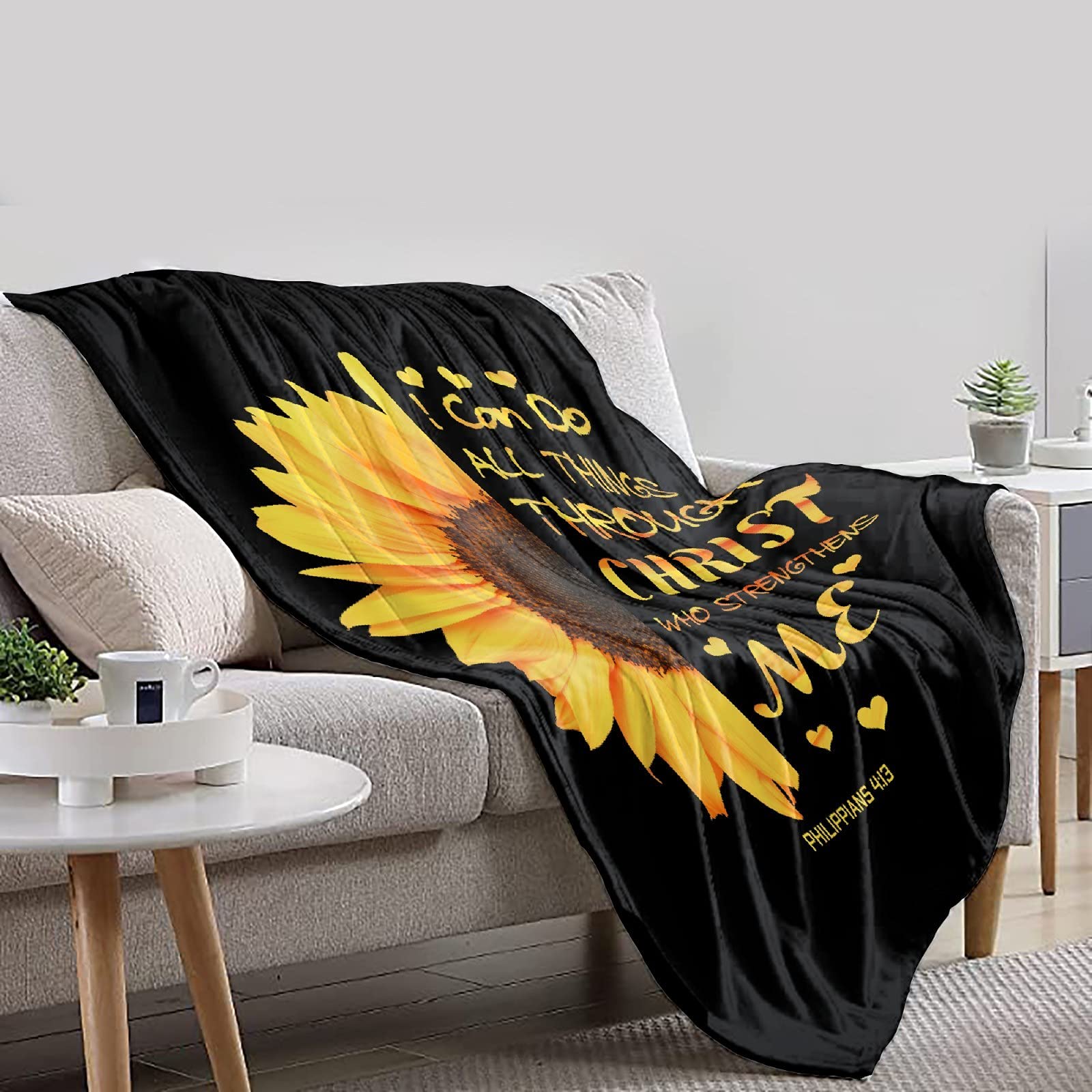 Soft Inspirational Sunflower Strength Bible Verse Blanket - Lightweight Flannel Plush Throw for Women & Men - 120