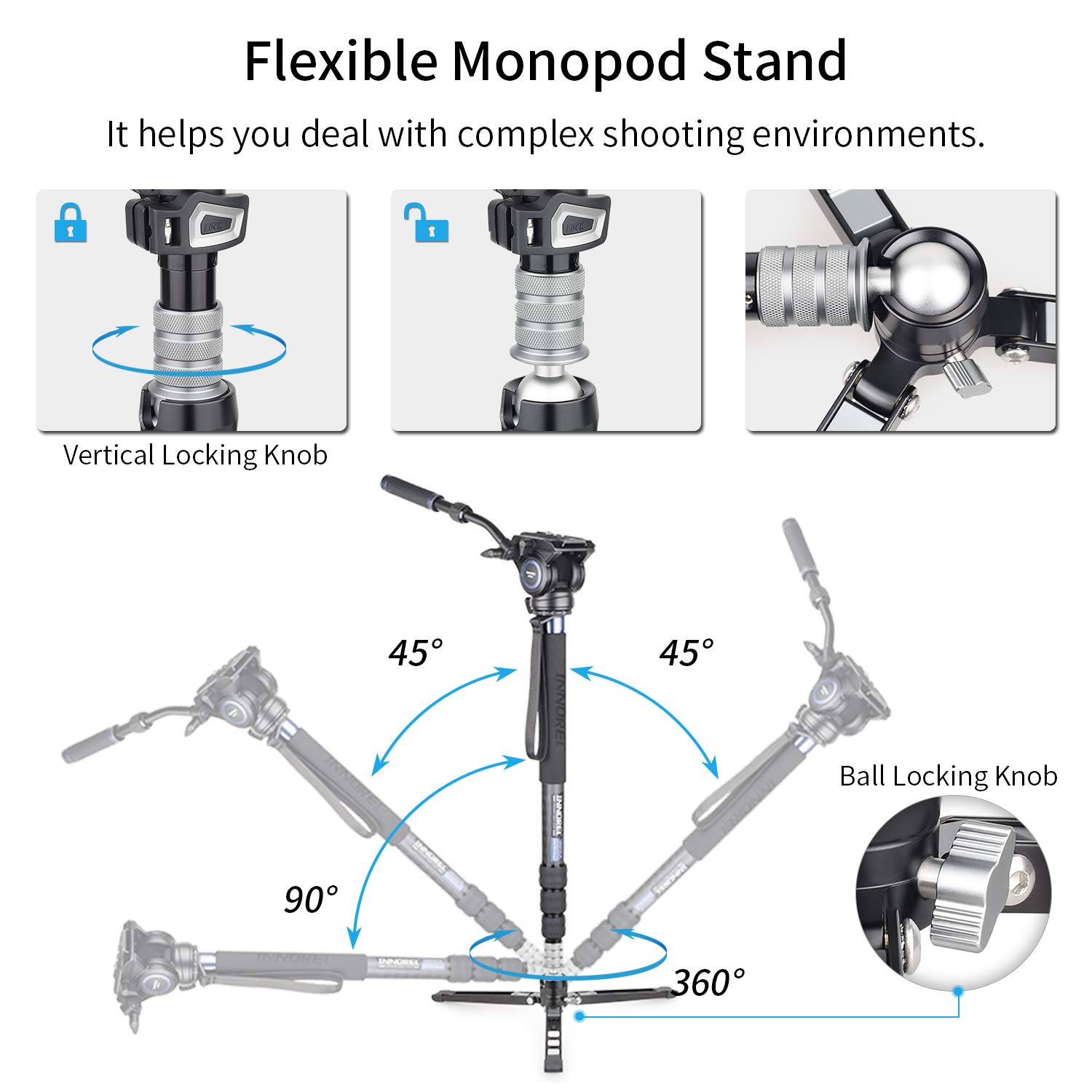 INNOREL VM75CK Carbon Fiber Video Monopod with Hydraulic Fluid Head - Professional Telescopic Tripod Stand for DSLR, Camcorder, GoPro - Max Load 22lbs/10kg - Perfect for Travel, Vlogging & Outdoor Photography